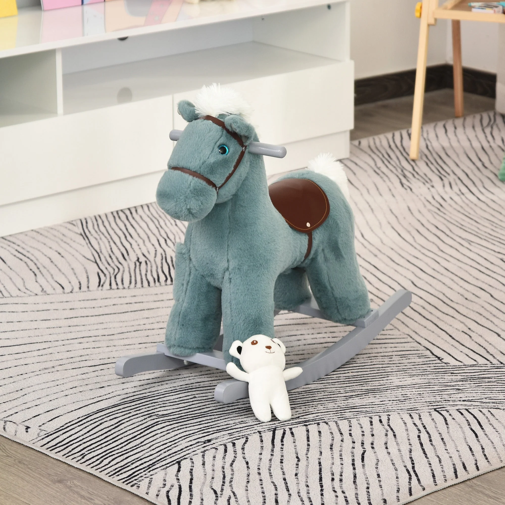 Kids Plush Ride-On Rocking Horse Toy Rocker with Plush Toy Realistic Sounds for Child 18-36 Months Blue - Image 9