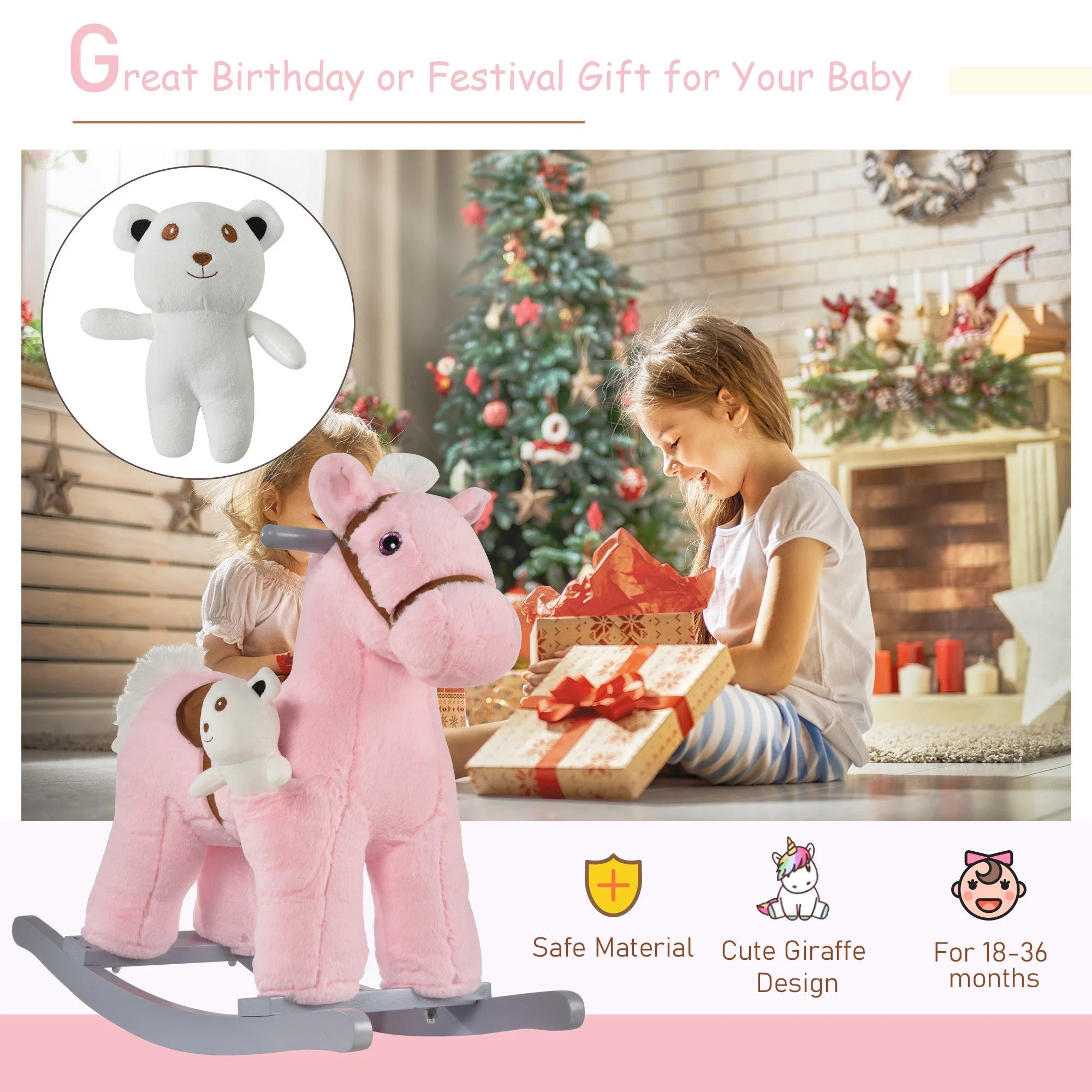 Kids Plush Ride-On Rocking Horse Toy Rocker with Plush Toy Realistic Sounds for Child 18-36 Months Pink - Image 4