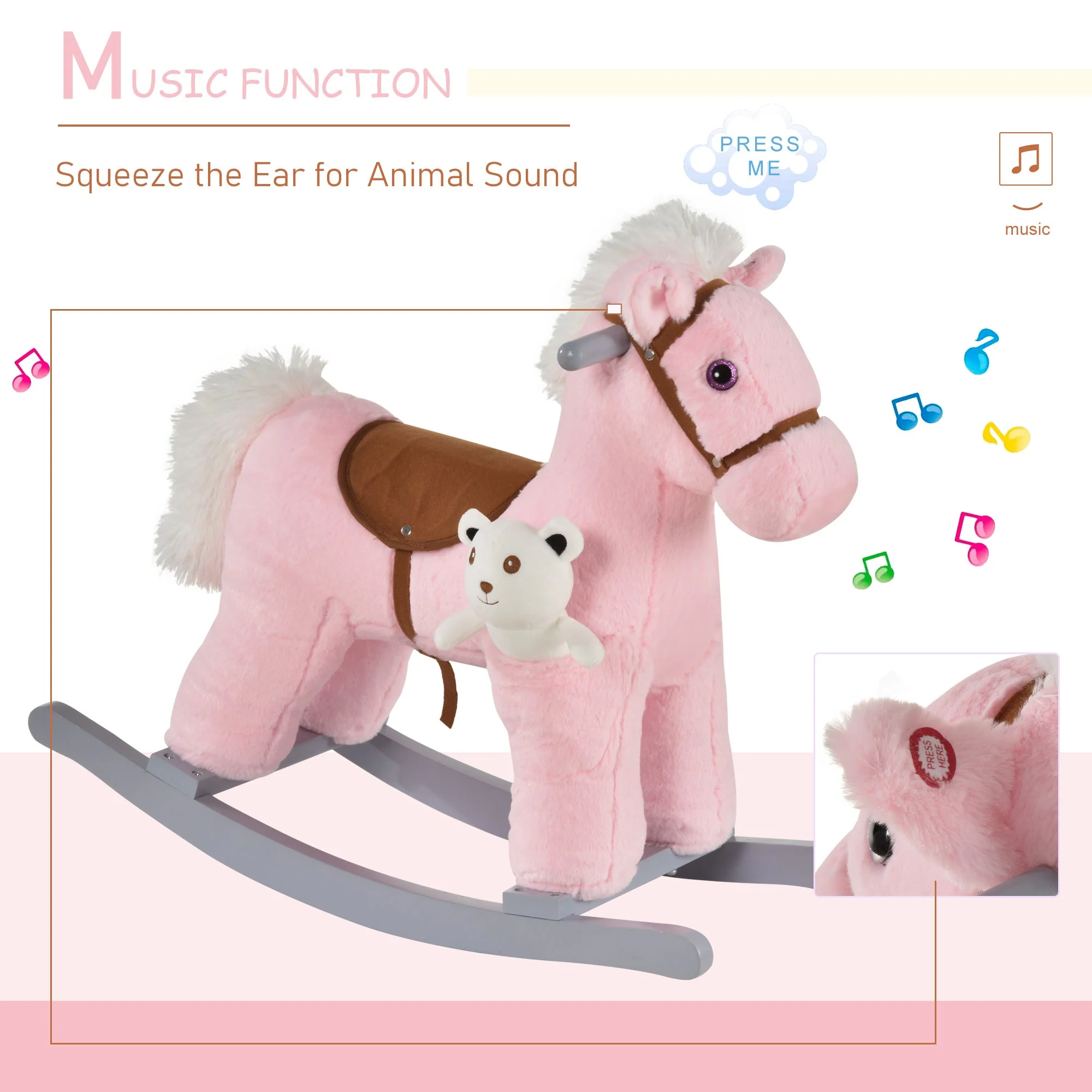 Kids Plush Ride-On Rocking Horse Toy Rocker with Plush Toy Realistic Sounds for Child 18-36 Months Pink - Image 6