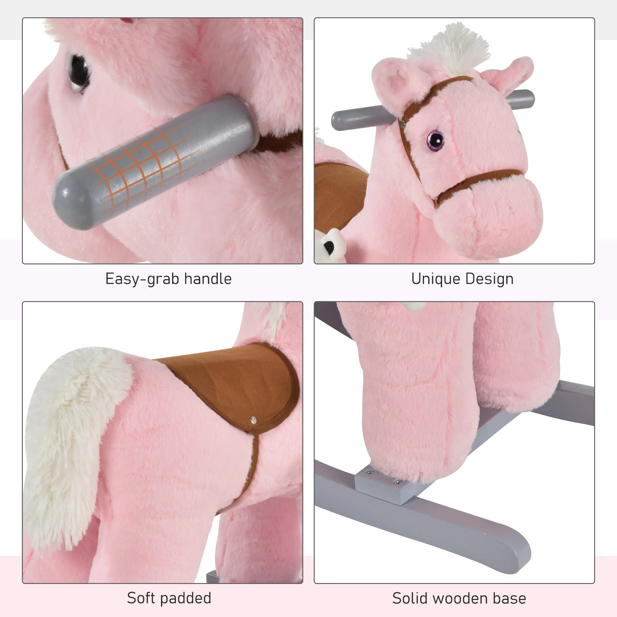 Kids Plush Ride-On Rocking Horse Toy Rocker with Plush Toy Realistic Sounds for Child 18-36 Months Pink - Image 7