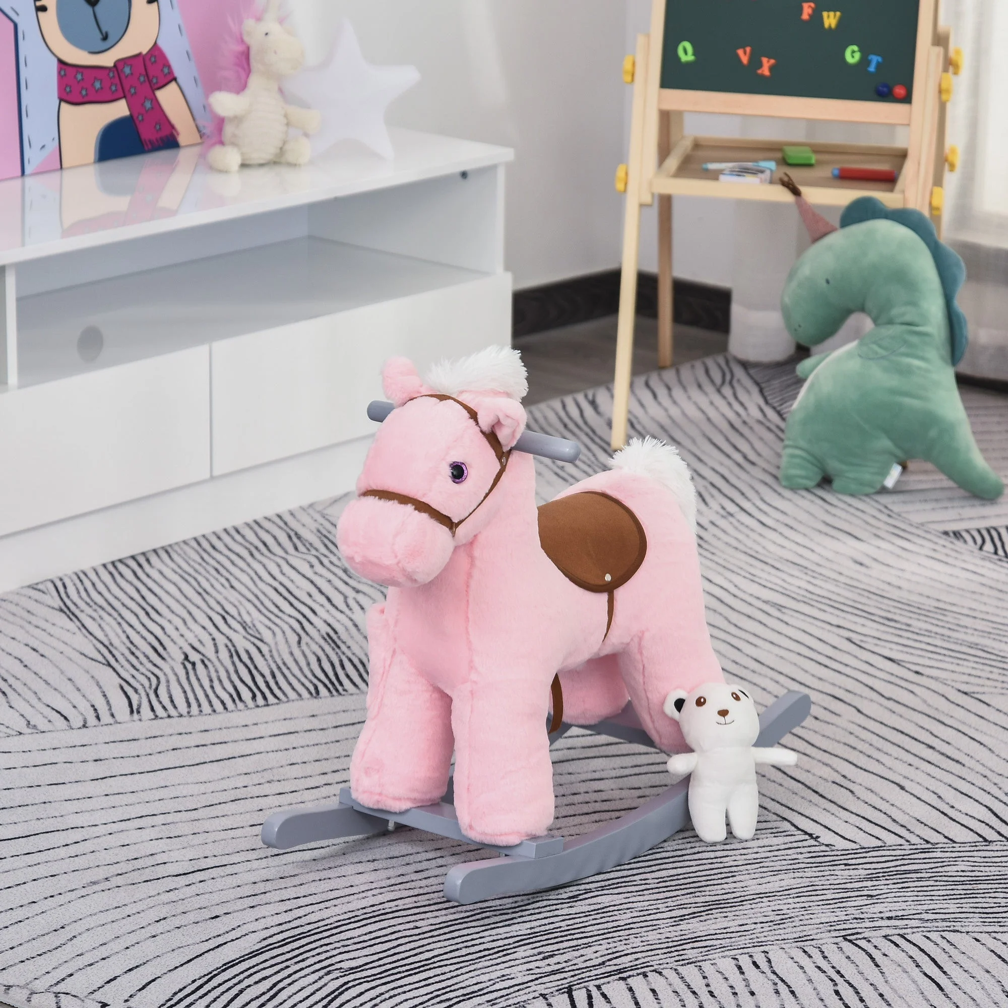 Kids Plush Ride-On Rocking Horse Toy Rocker with Plush Toy Realistic Sounds for Child 18-36 Months Pink - Image 9
