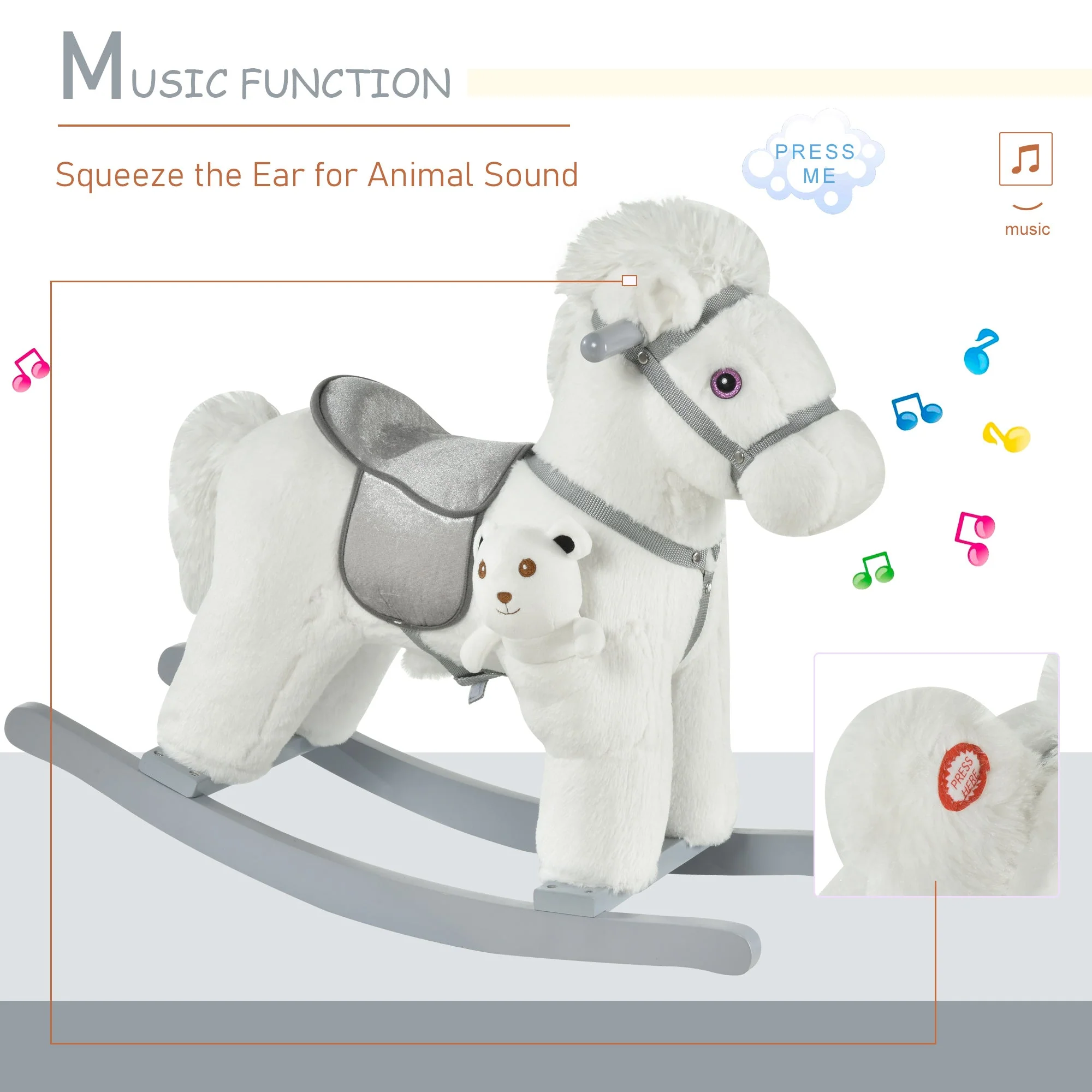 Kids Plush Ride-On Rocking Horse Toy Rocker With Plush Toy Realistic Sounds For Child 18-36 Months White - Image 7
