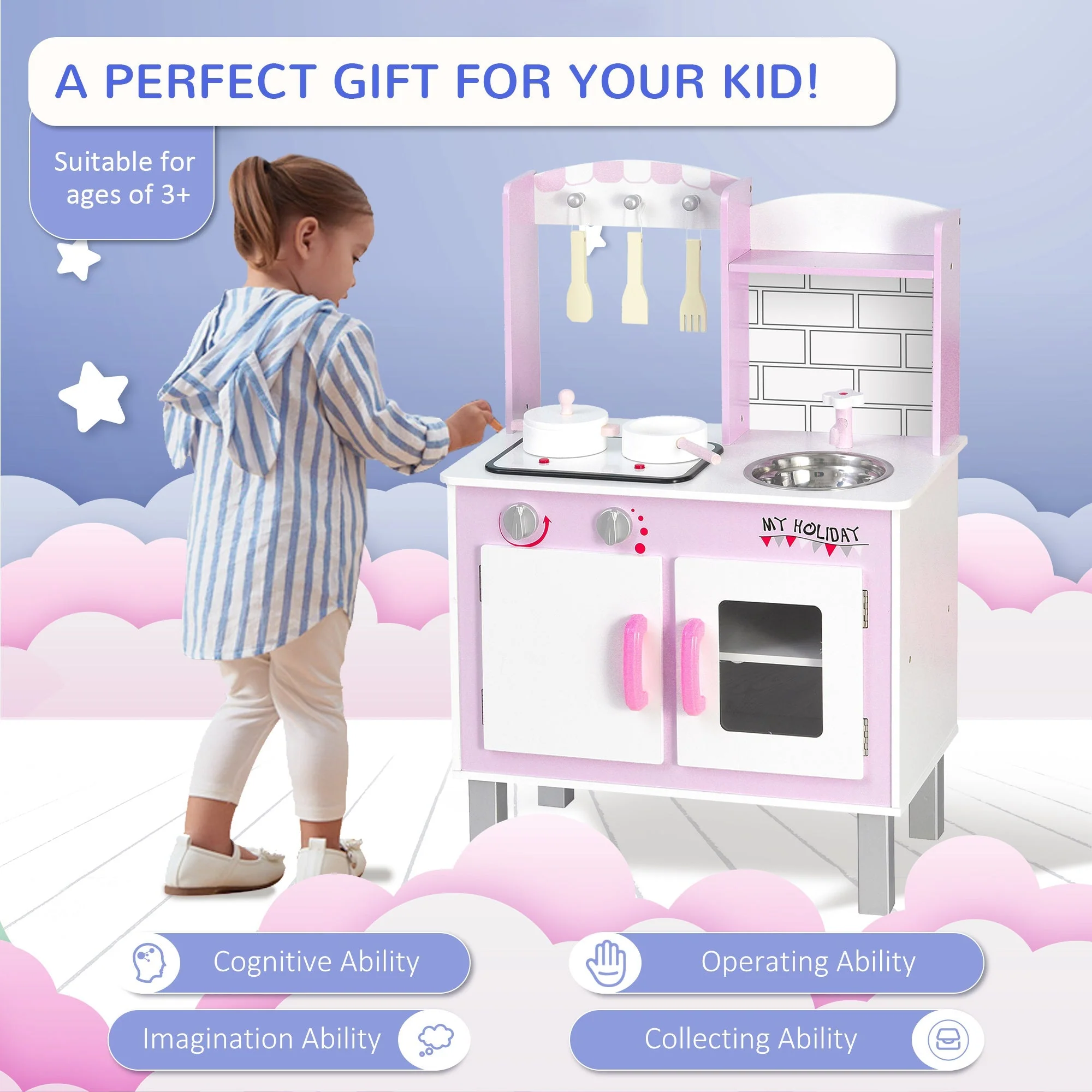 Kids Pretend Kitchen Playset w/ Cooking Toy Accessories - Pink - Image 4
