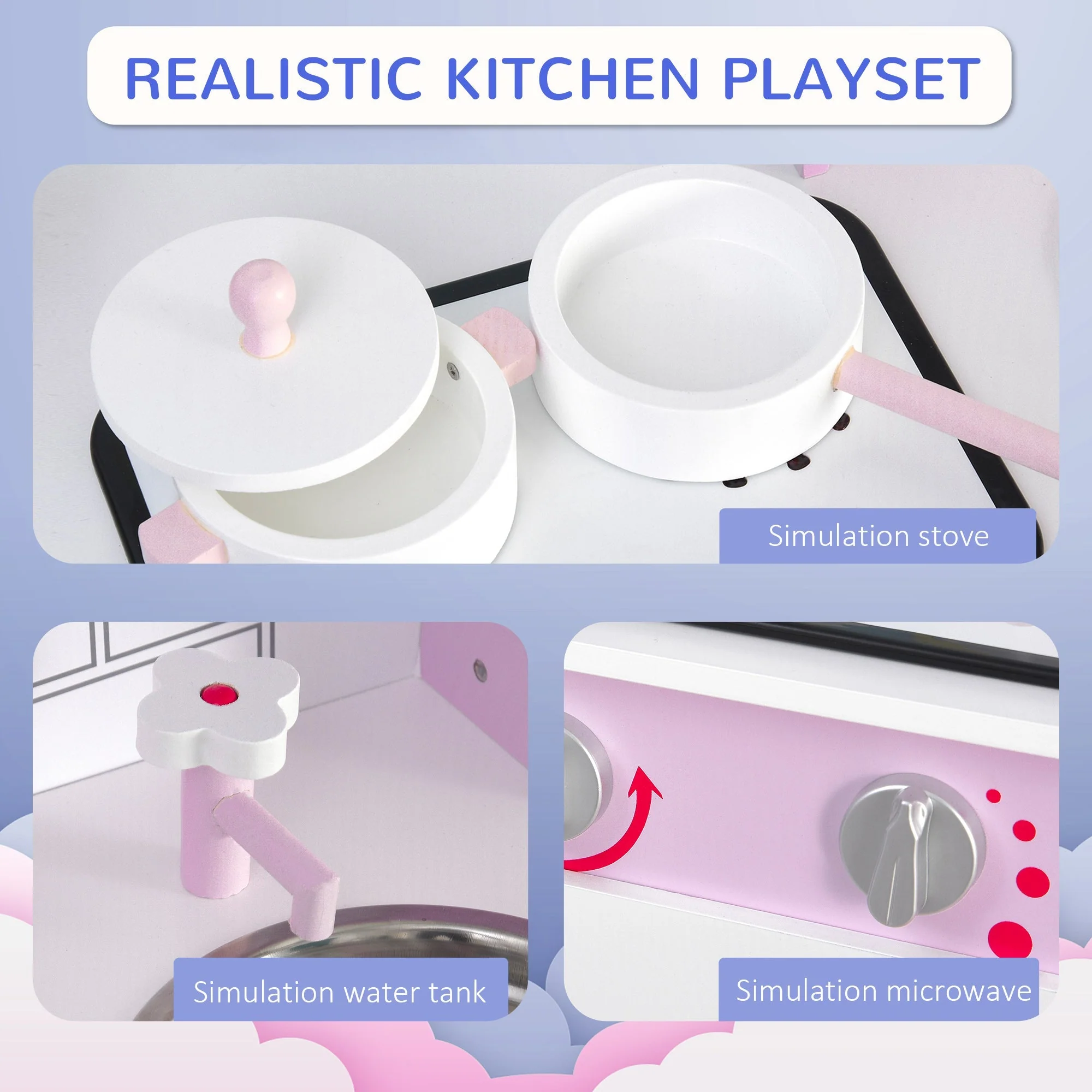 Kids Pretend Kitchen Playset w/ Cooking Toy Accessories - Pink - Image 5