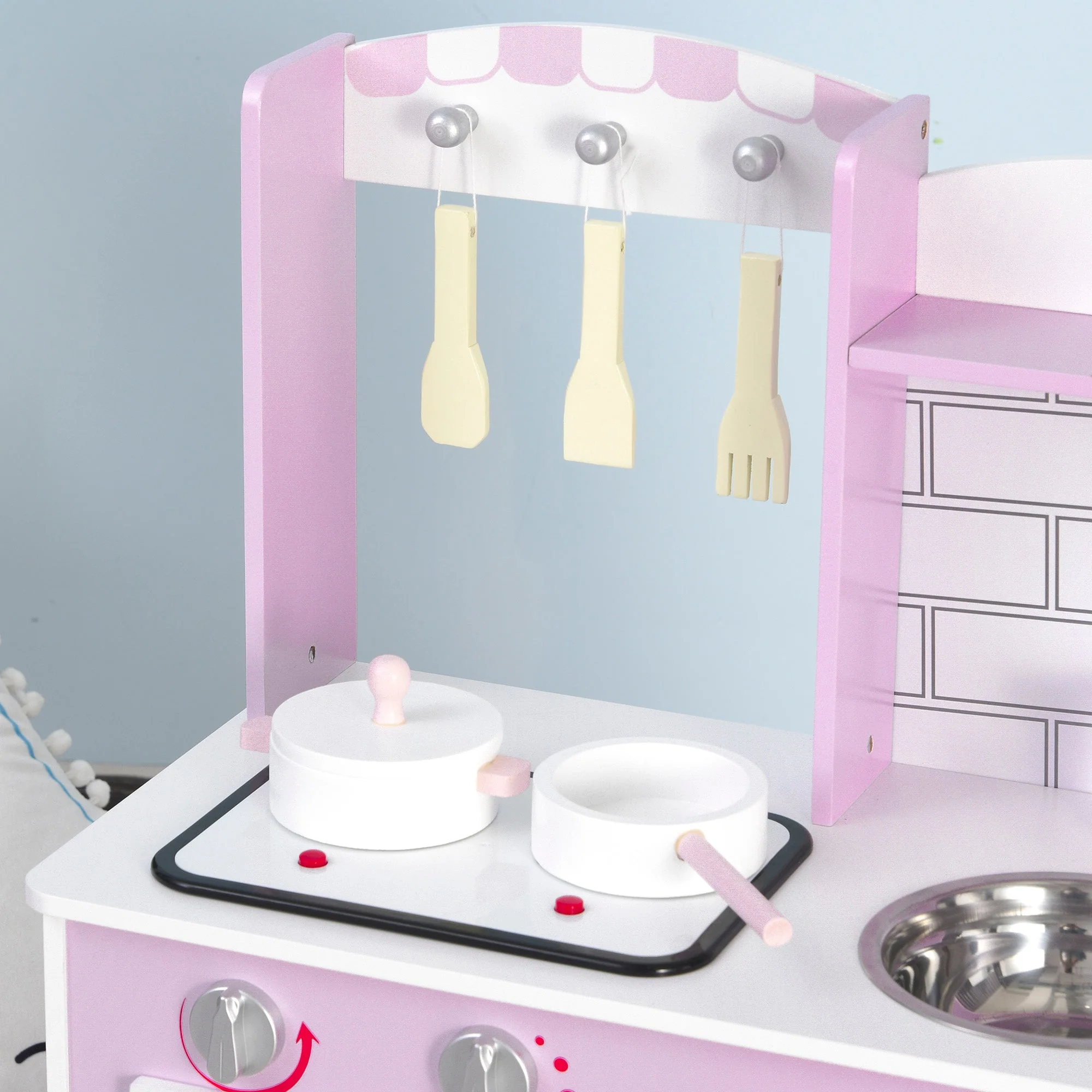 Kids Pretend Kitchen Playset w/ Cooking Toy Accessories - Pink - Image 9