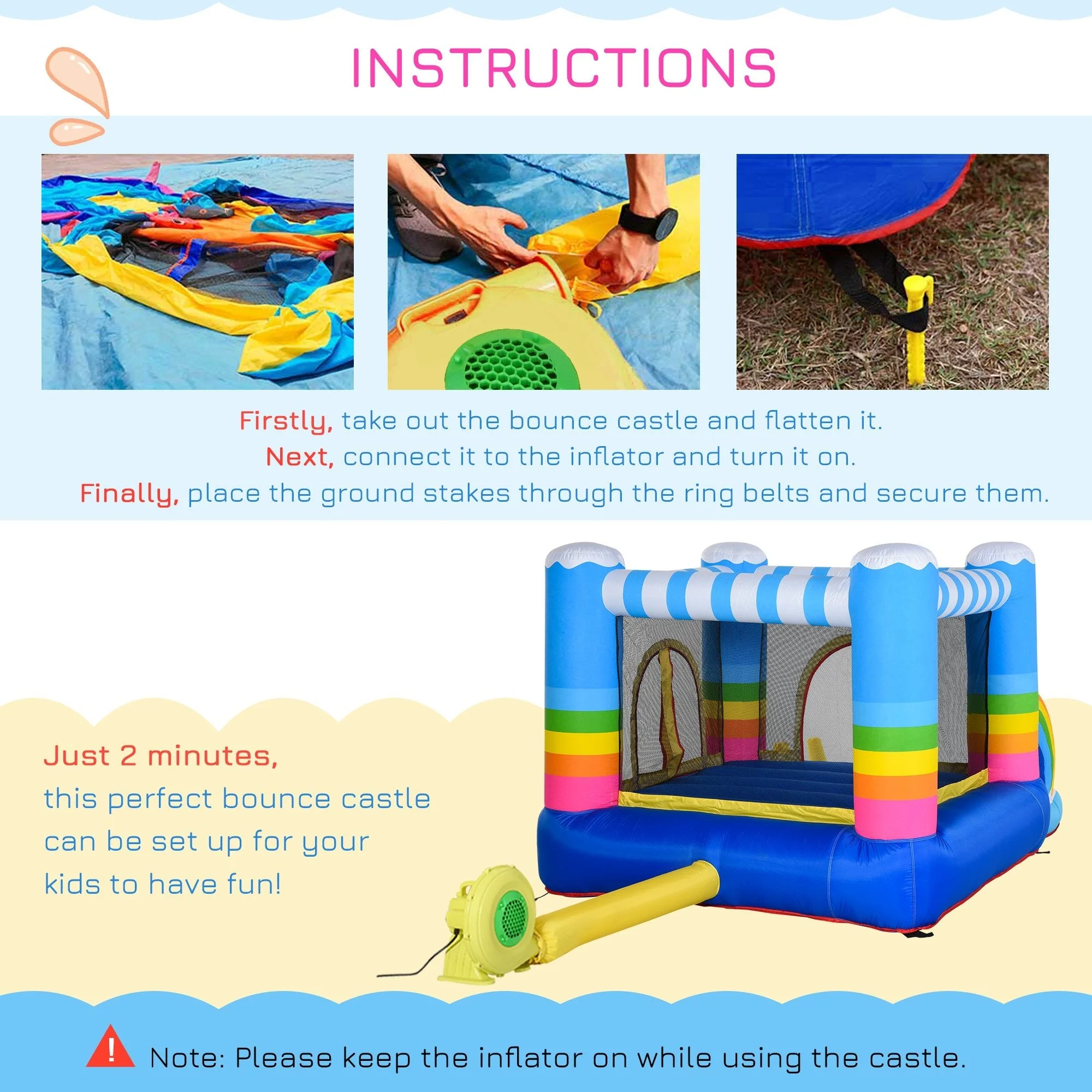 Kids Rainbow Bouncy Castle & Pool House Inflatable Trampoline w/ Blower Pump Outdoor Play Garden Activity Exercise Fun 3-8 Years 2.8 x 1.7 x 1.55m - Image 5