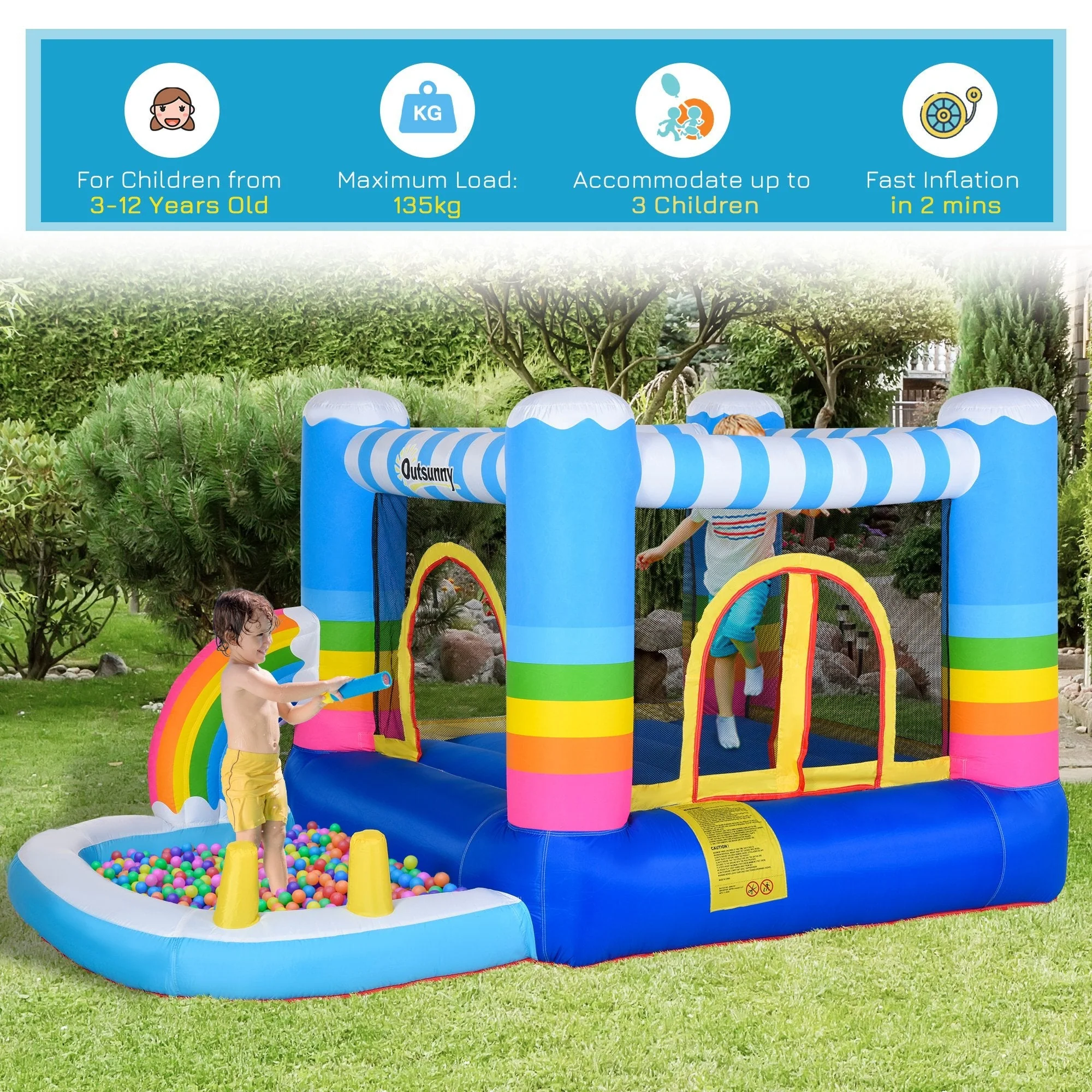 Kids Rainbow Bouncy Castle & Pool House Inflatable Trampoline w/ Blower Pump Outdoor Play Garden Activity Exercise Fun 3-8 Years 2.8 x 1.7 x 1.55m - Image 7