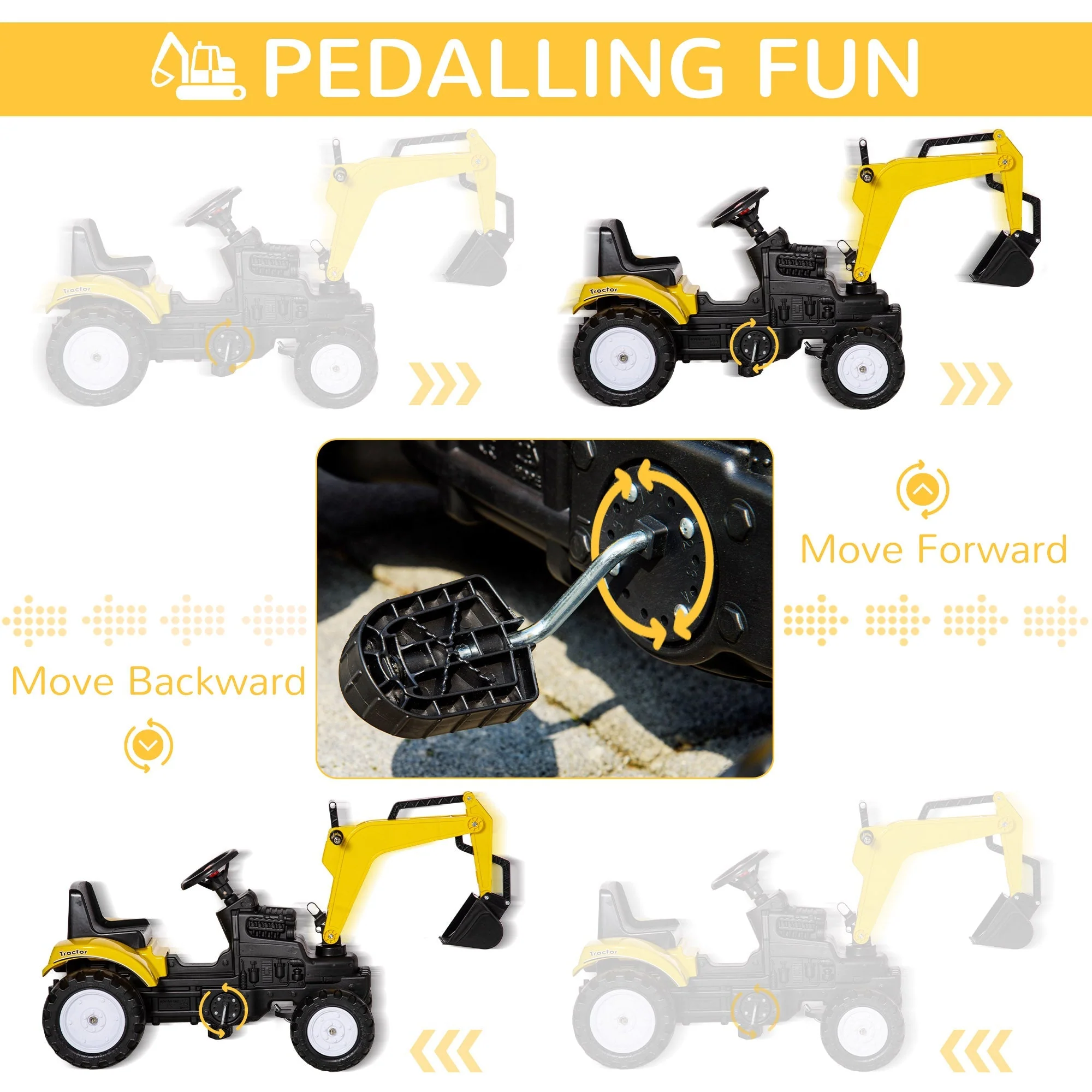 Kids Ride on Digger Pedal Go Kart Pretend Play Construction Car with Horn for 3 - 6 Years - Image 5