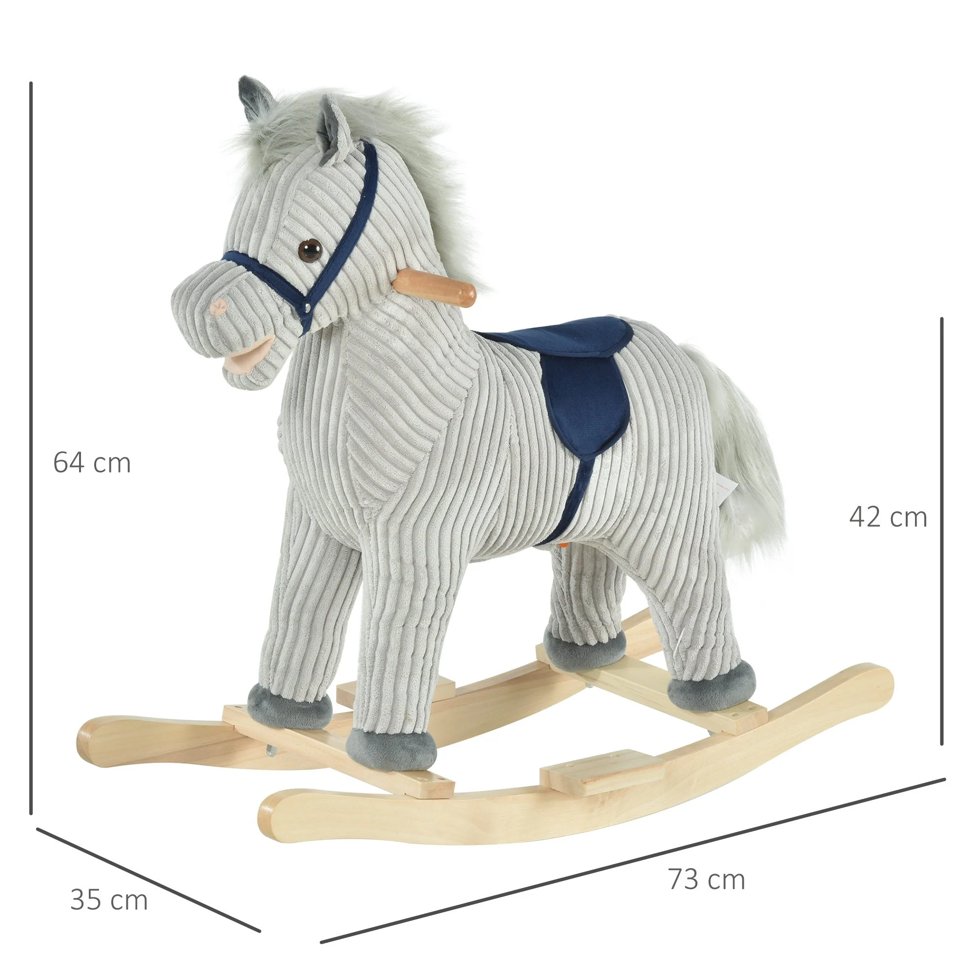 Kids Ride On Ribbed Plush Rocking Horse w/ Sound Grey - Image 3