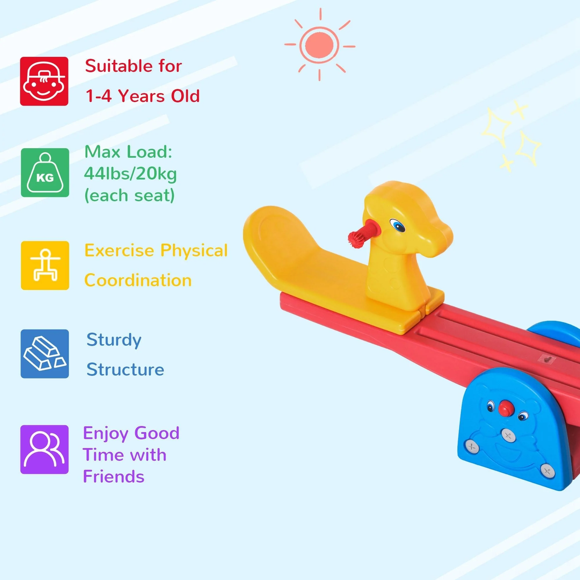 Kids Seesaw Safe Teeter Totter 2 Seat w/ Easy-Grip Handles 360 Degrees Rotating - Image 4