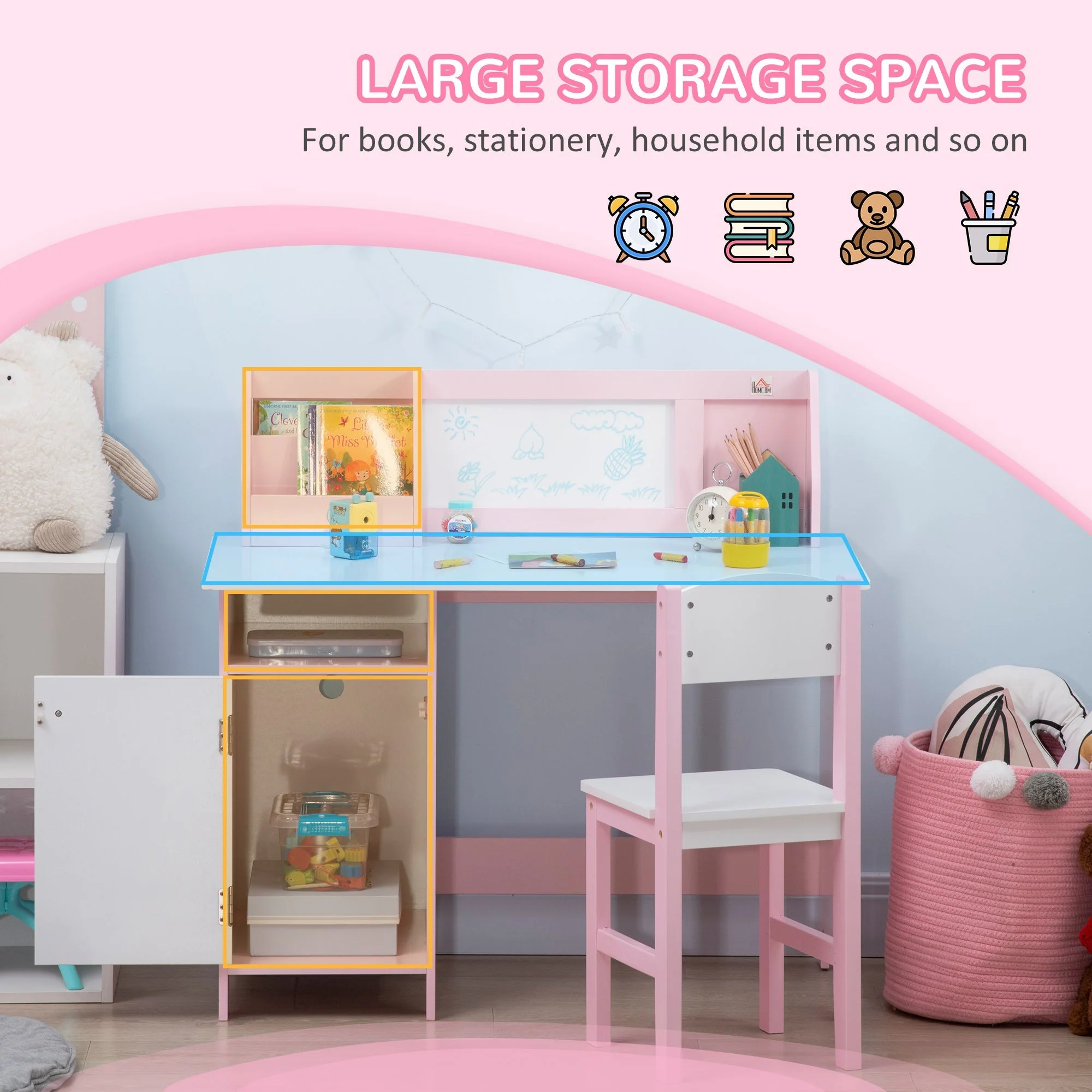 Kids Table and Chair Set Two-Piece Table and Chair Set Multi Use Toddler Furniture w/ Whiteboard - Pink - Image 3