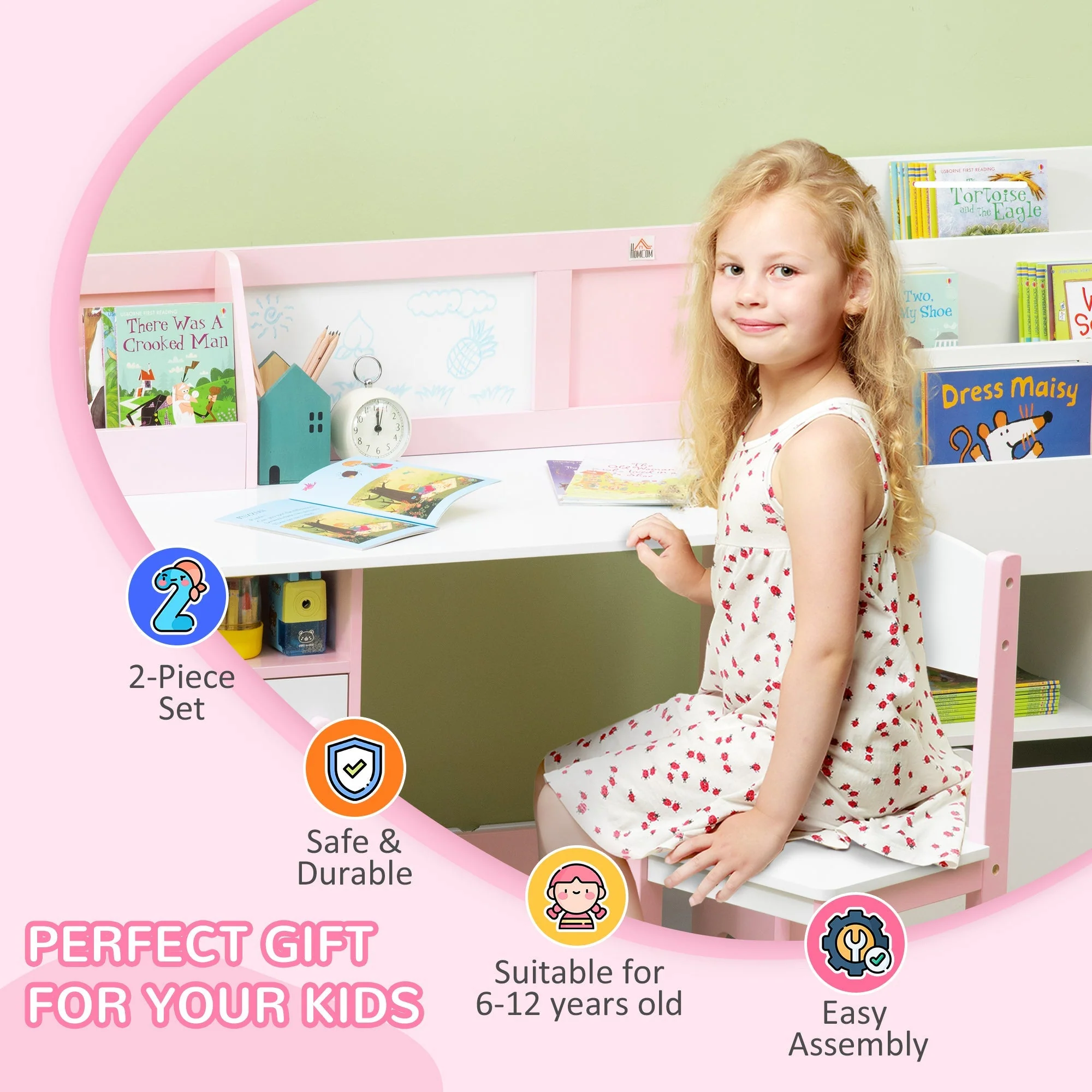 Kids Table and Chair Set Two-Piece Table and Chair Set Multi Use Toddler Furniture w/ Whiteboard - Pink - Image 5