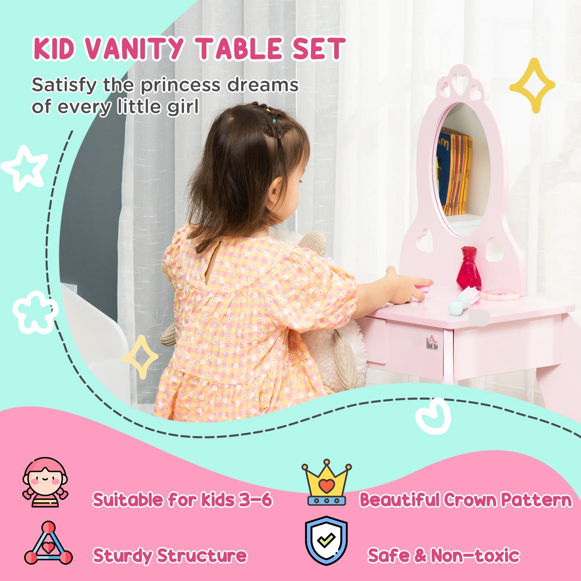 Kids Vanity Table & Stool Girls Dressing Set Make Up Desk Chair Dresser Play Set with Mirror Pink - Image 5