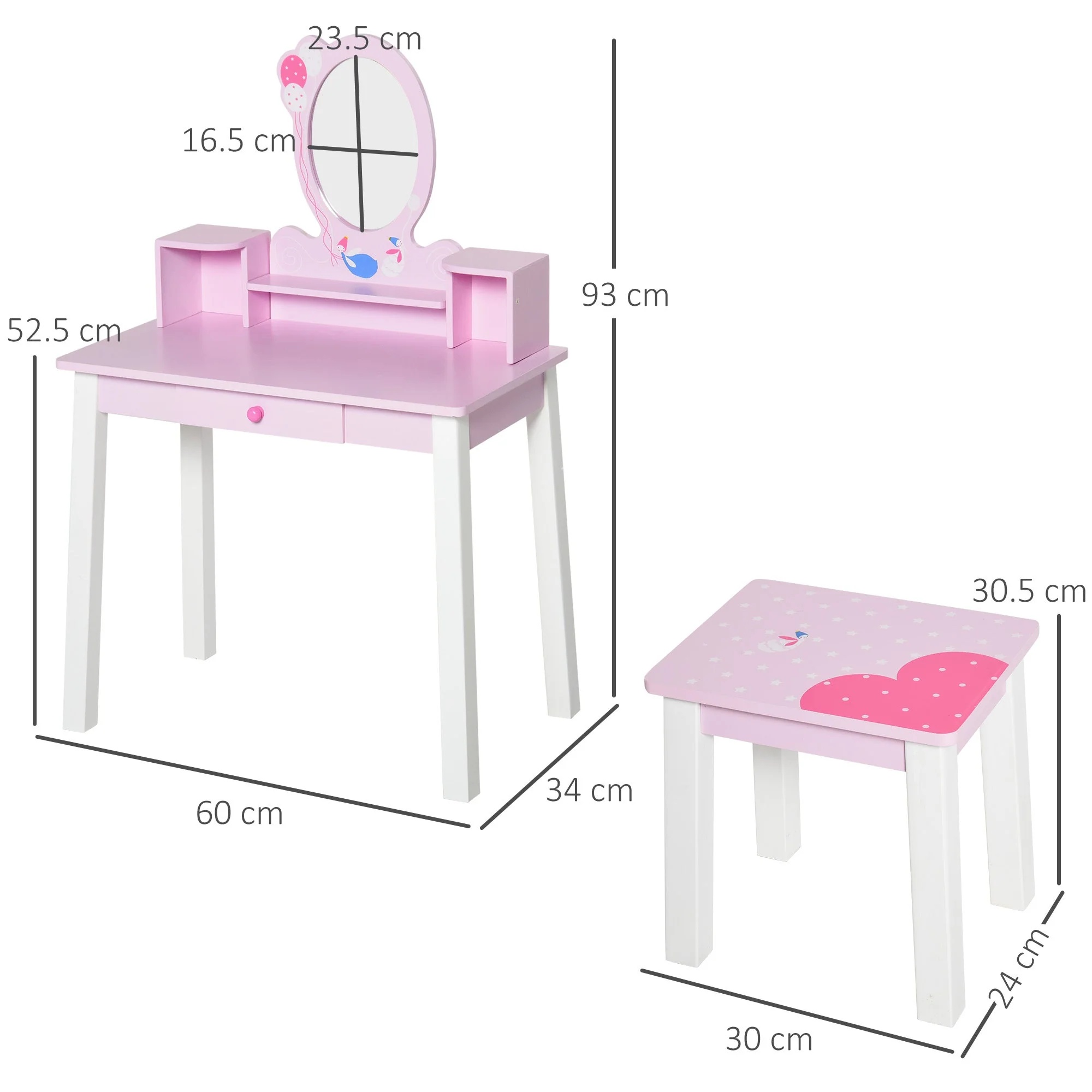 Kids Wooden Dressing Table and Stool Make Up Desk Pink - Image 3