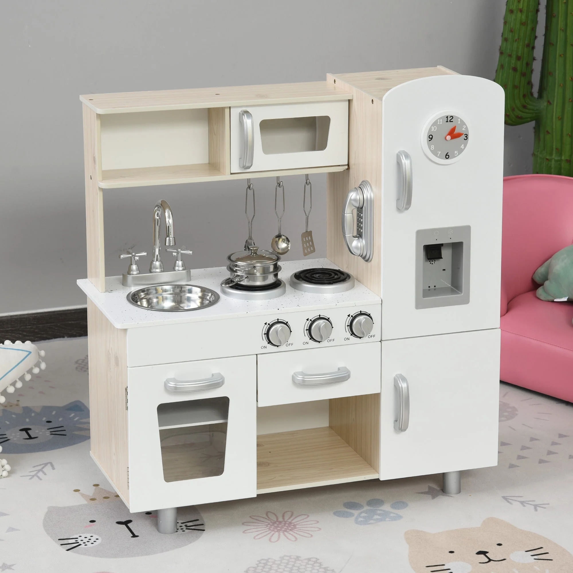 Kids Wooden Pretend Play Toy Kitchen Cooking Set Role Play Phone for Boys Girls White - Image 2
