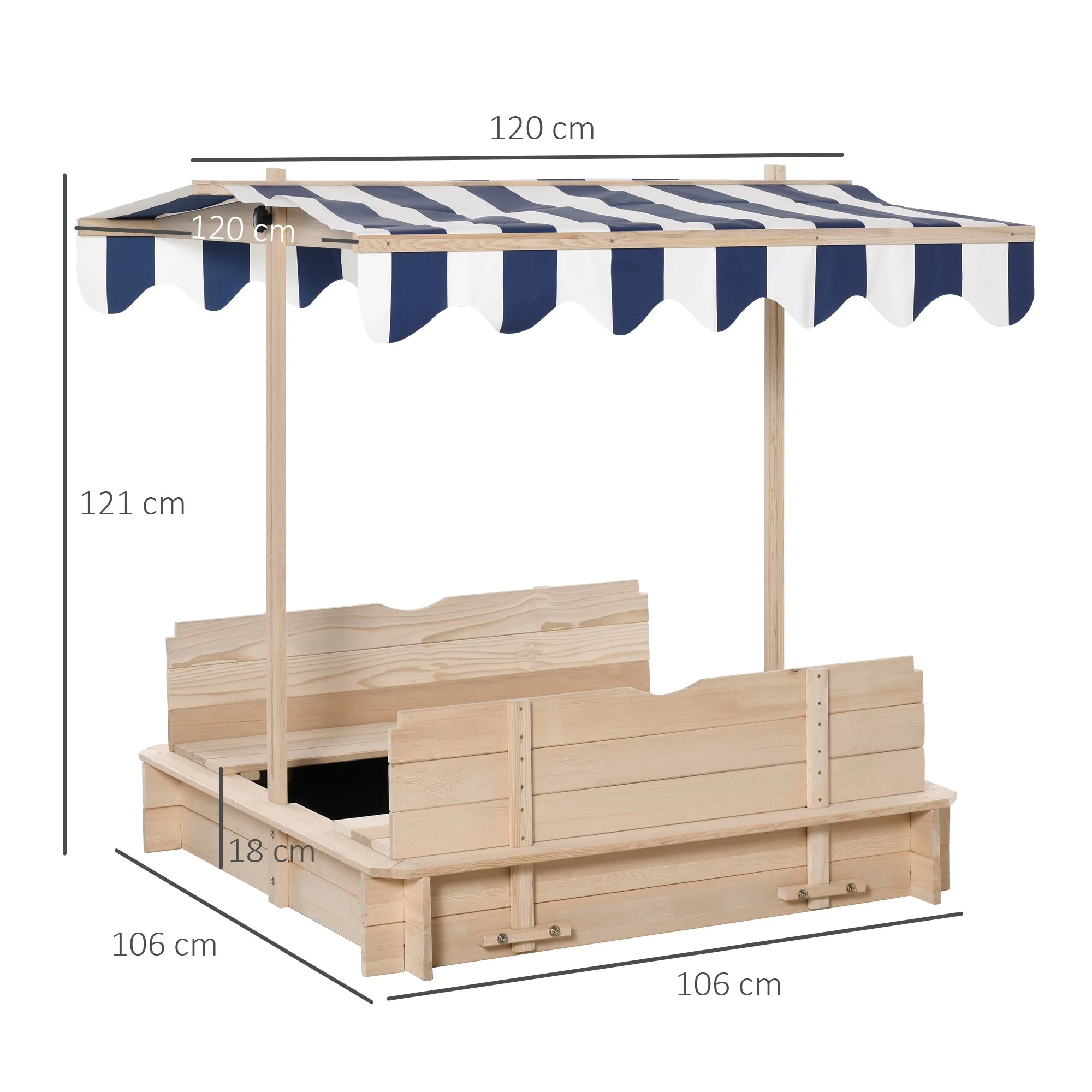 Kids Wooden Sand Pit with Lids Children Sandbox Height Adjustable Canopy for Garden - Image 3