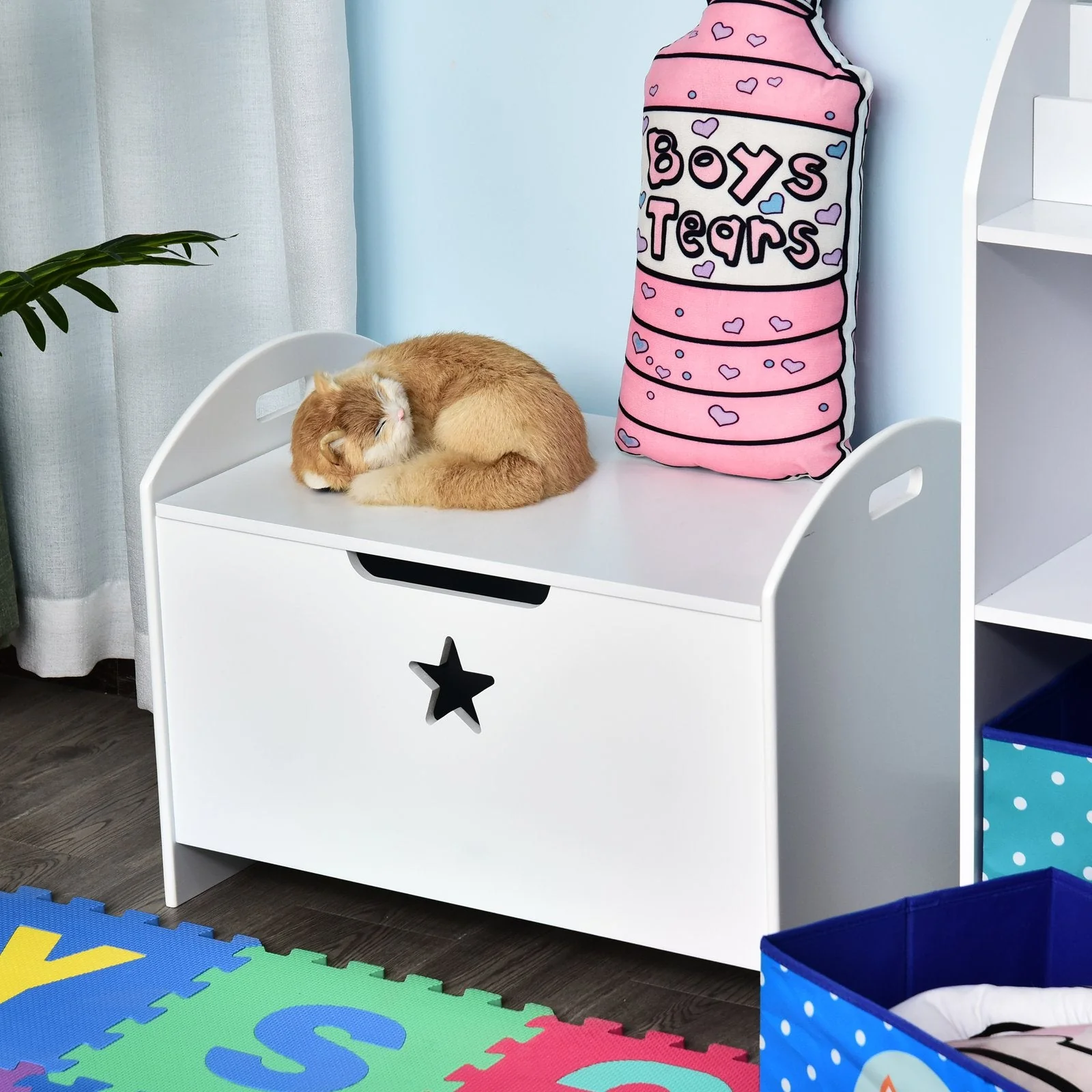 Kids Wooden Toy Box Organizer Children's Toy Storage with Lid Safety Hinge Side Handle Playroom Furniture White - Image 2