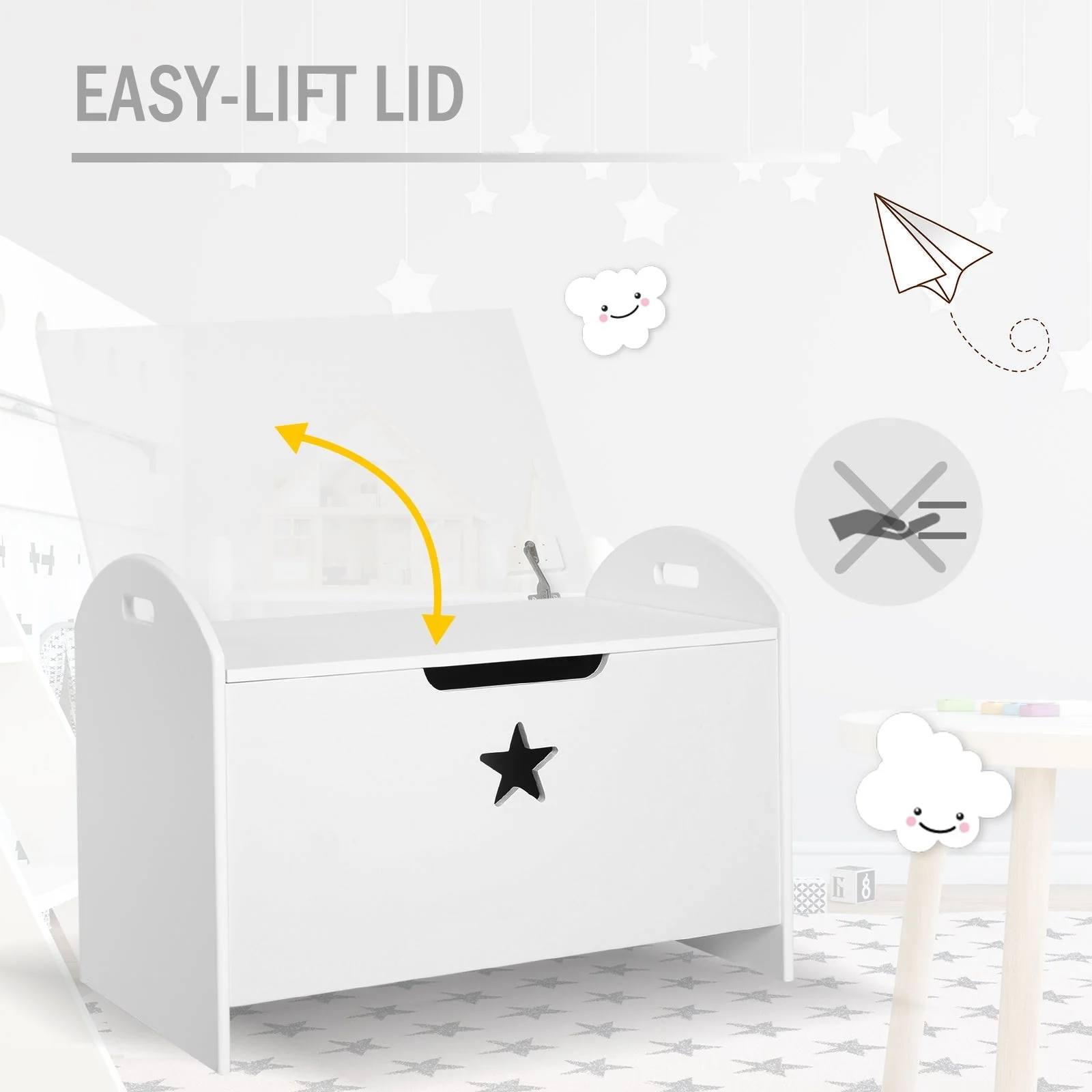 Kids Wooden Toy Box Organizer Children's Toy Storage with Lid Safety Hinge Side Handle Playroom Furniture White - Image 6