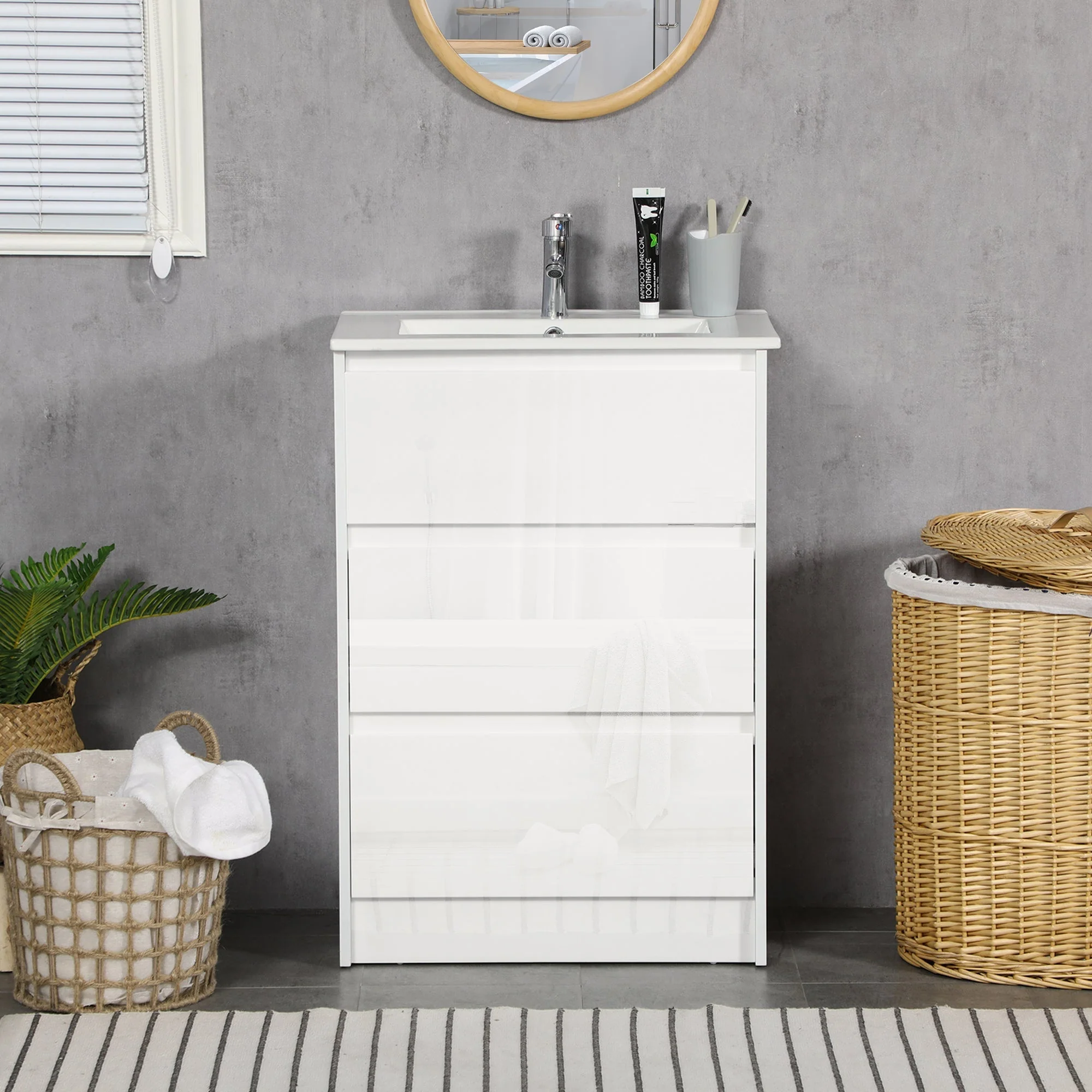 kleankin 600mm Bathroom Vanity Unit with Basin and Single Tap Hole - Image 7