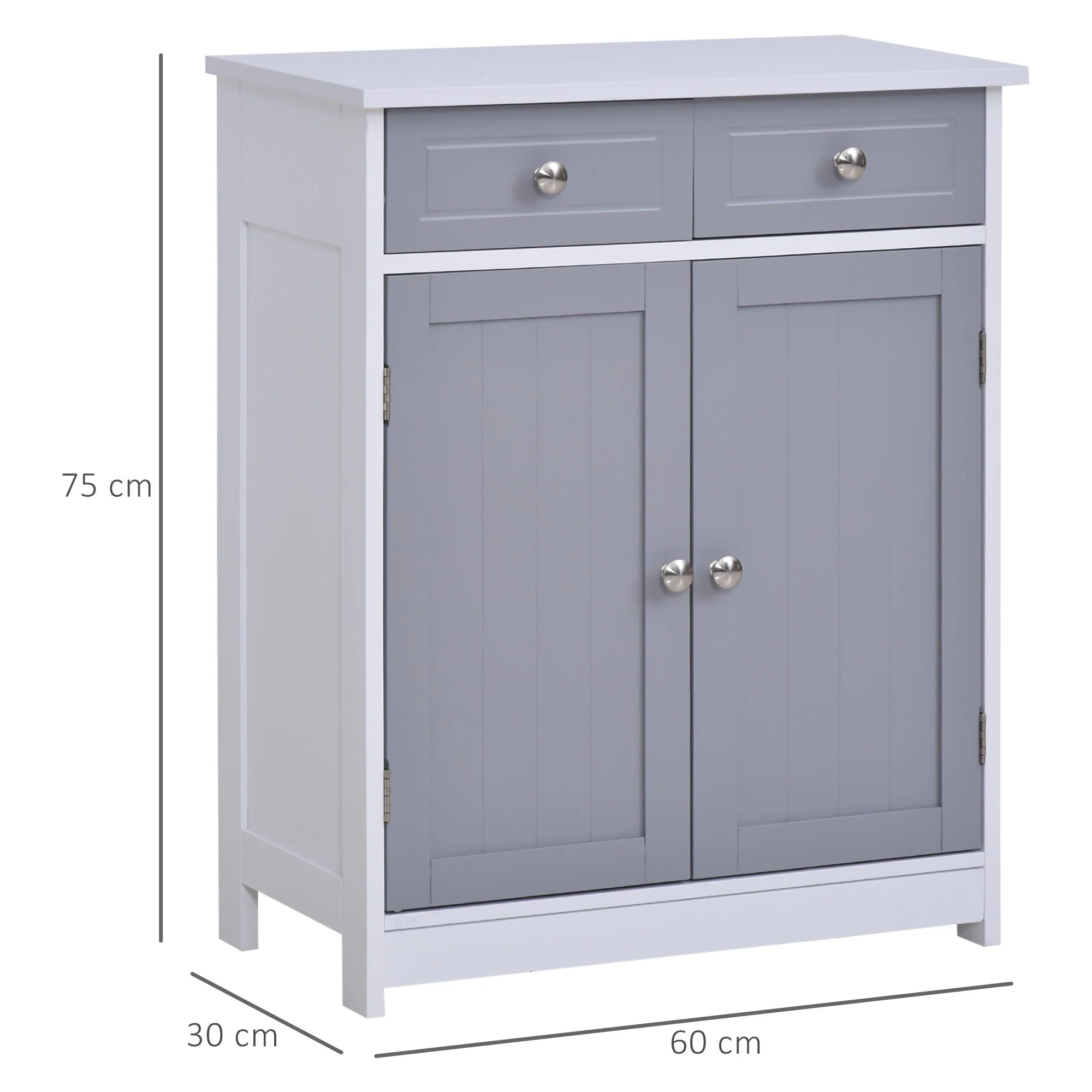 Kleankin 75X60cm Freestanding Bathroom Storage Cabinet Unit W/ 2 Drawers Cupboard Adjustable Shelf Metal Handles Traditional Style Grey White - Image 3