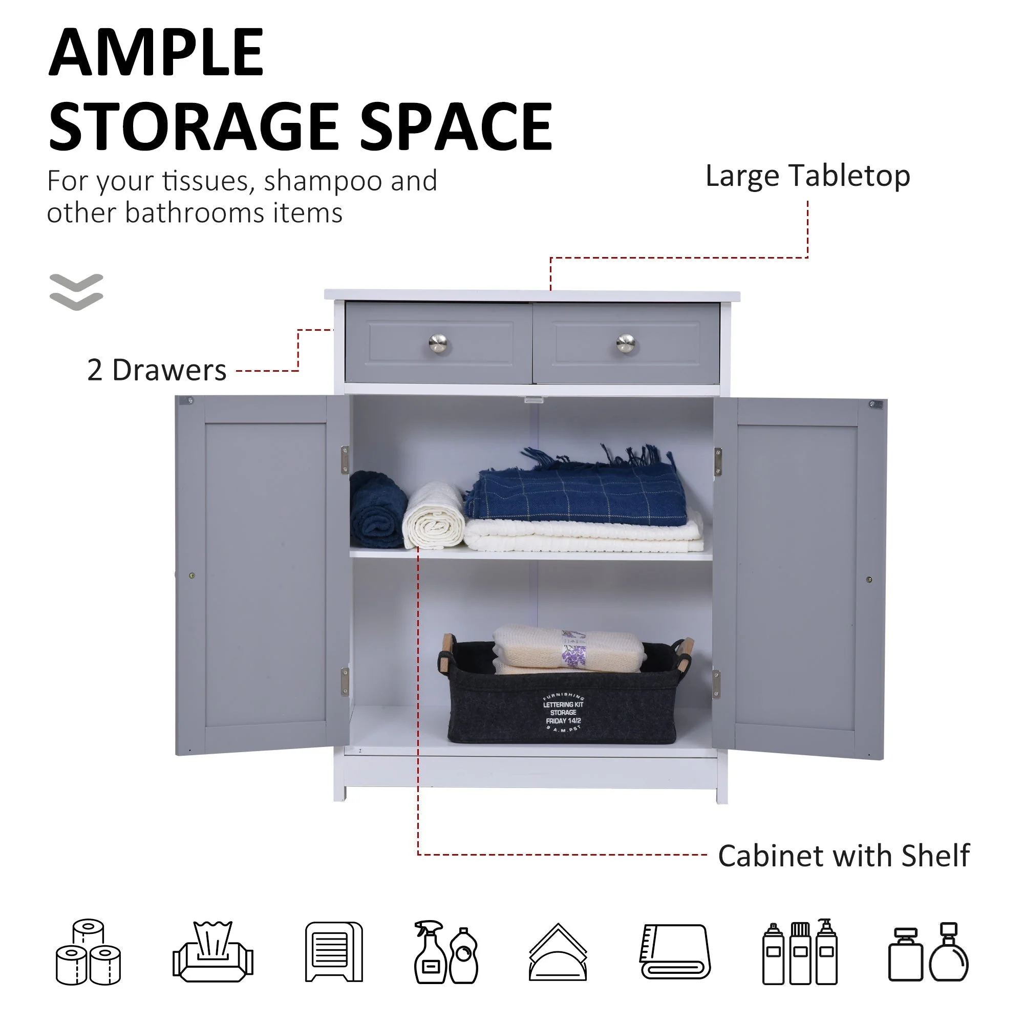 Kleankin 75X60cm Freestanding Bathroom Storage Cabinet Unit W/ 2 Drawers Cupboard Adjustable Shelf Metal Handles Traditional Style Grey White - Image 4