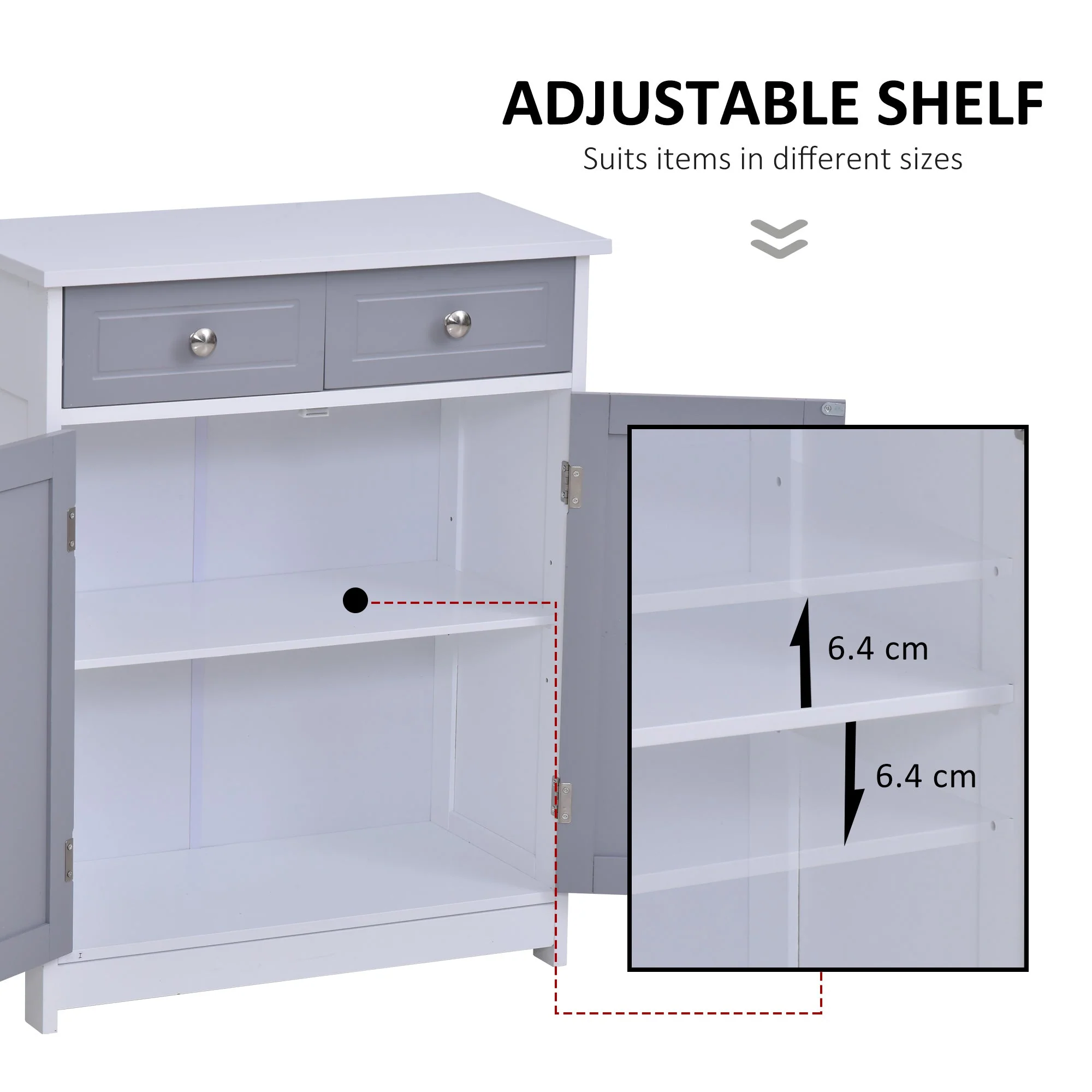 Kleankin 75X60cm Freestanding Bathroom Storage Cabinet Unit W/ 2 Drawers Cupboard Adjustable Shelf Metal Handles Traditional Style Grey White - Image 5