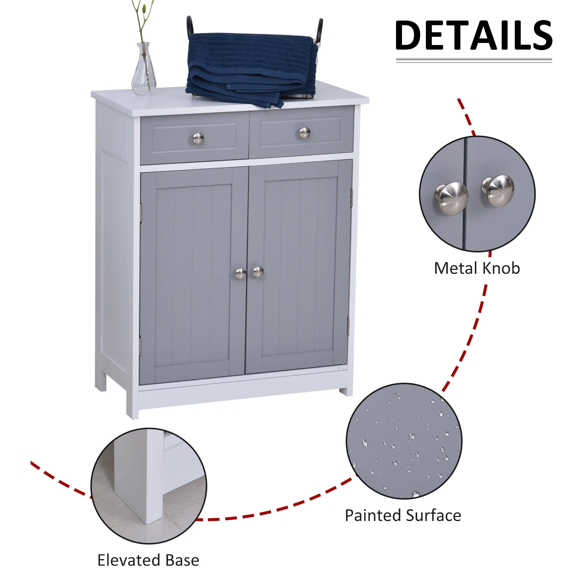 Kleankin 75X60cm Freestanding Bathroom Storage Cabinet Unit W/ 2 Drawers Cupboard Adjustable Shelf Metal Handles Traditional Style Grey White - Image 6