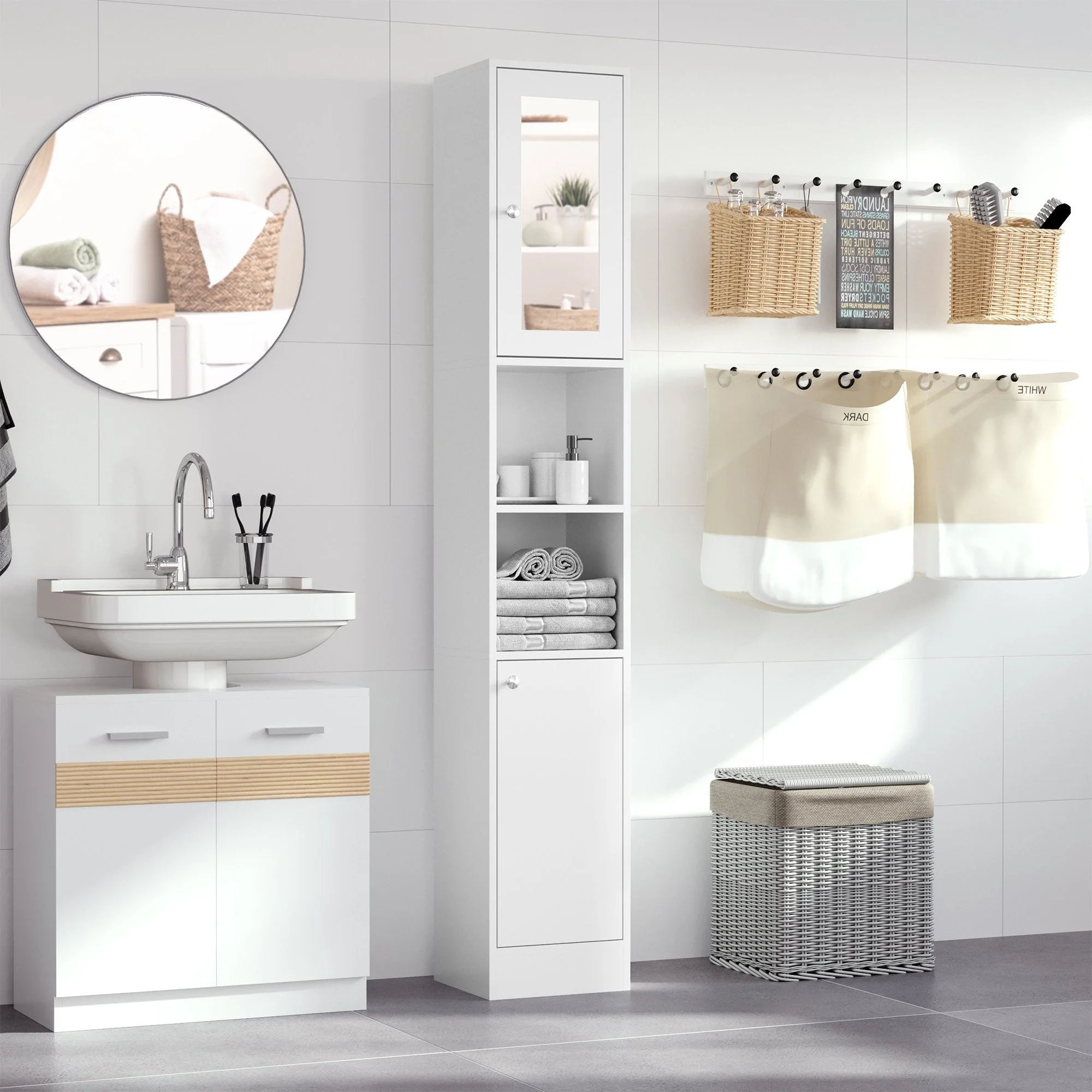 kleankin Bathroom Floor Cabinet Narrow Storage Cabinet with Mirror Adjustable Shelves - Image 2