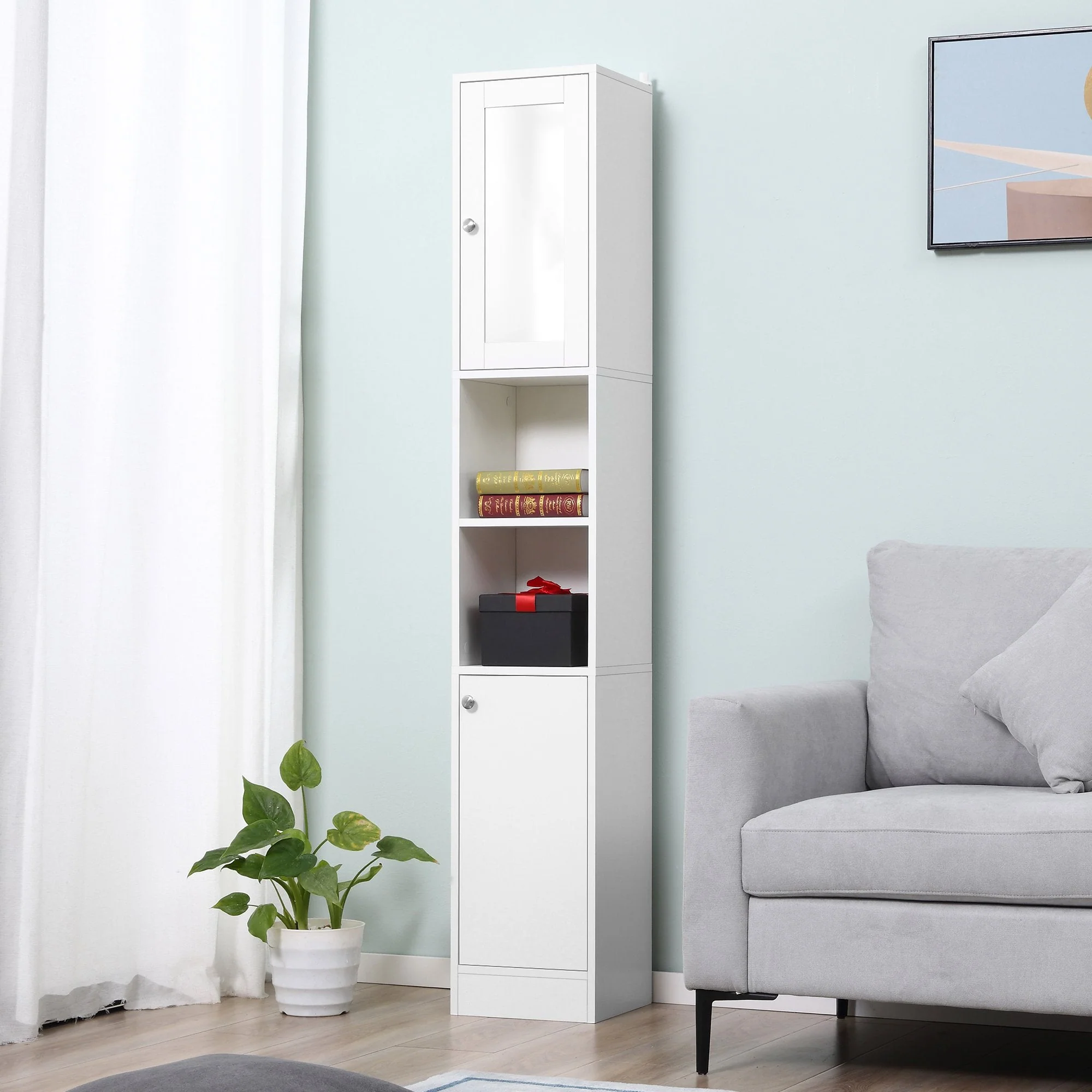 kleankin Bathroom Floor Cabinet Narrow Storage Cabinet with Mirror Adjustable Shelves - Image 4
