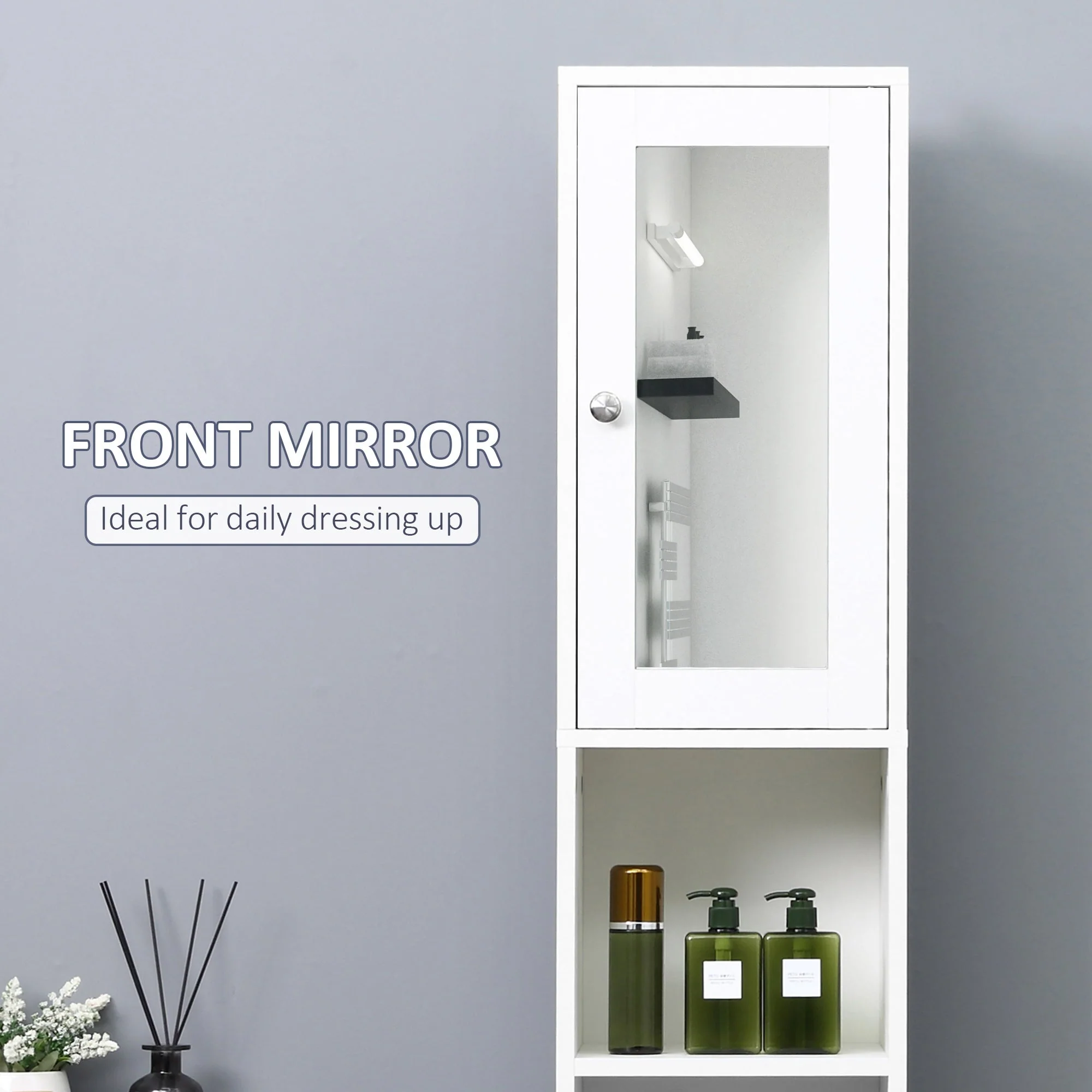 kleankin Bathroom Floor Cabinet Narrow Storage Cabinet with Mirror Adjustable Shelves - Image 6