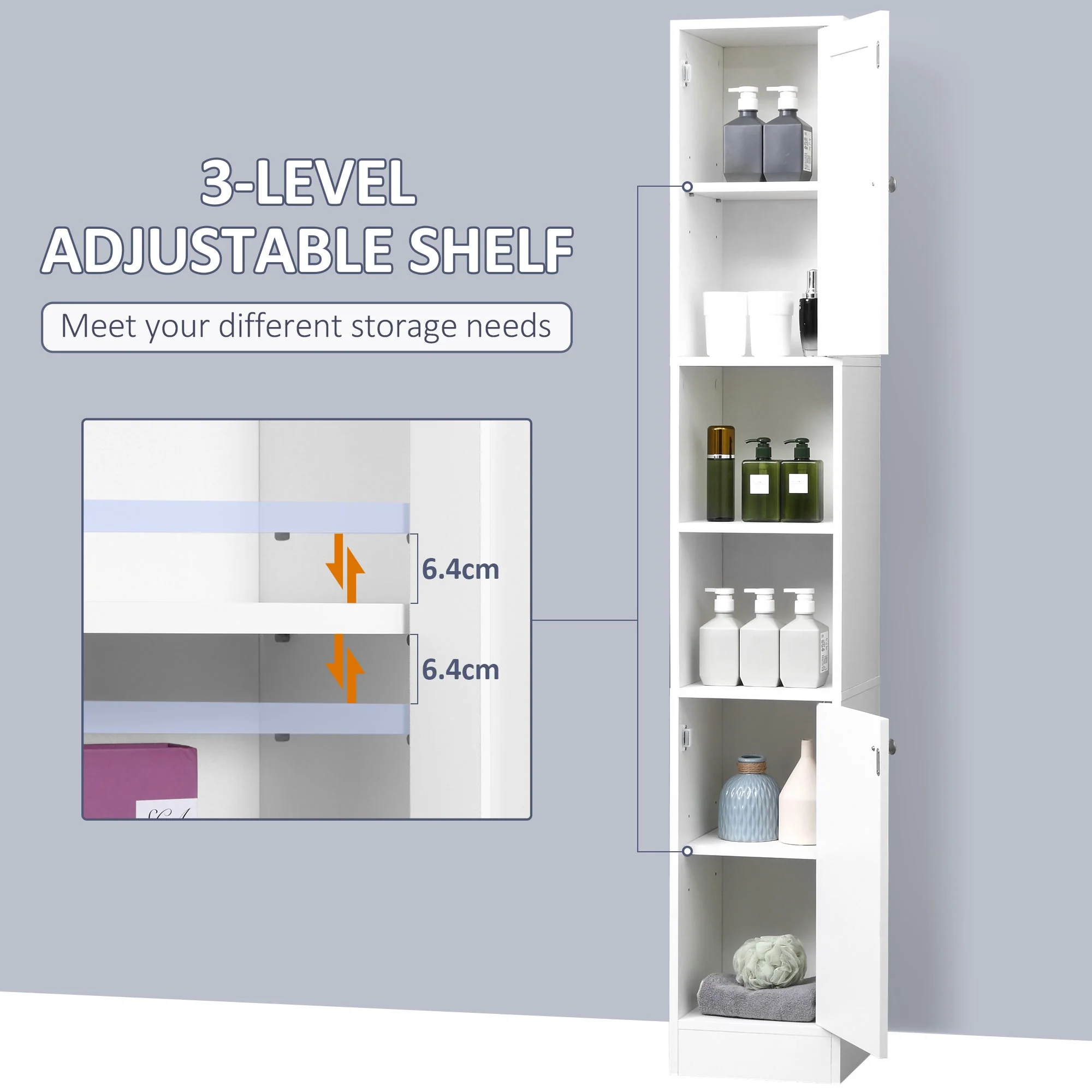 kleankin Bathroom Floor Cabinet Narrow Storage Cabinet with Mirror Adjustable Shelves - Image 8