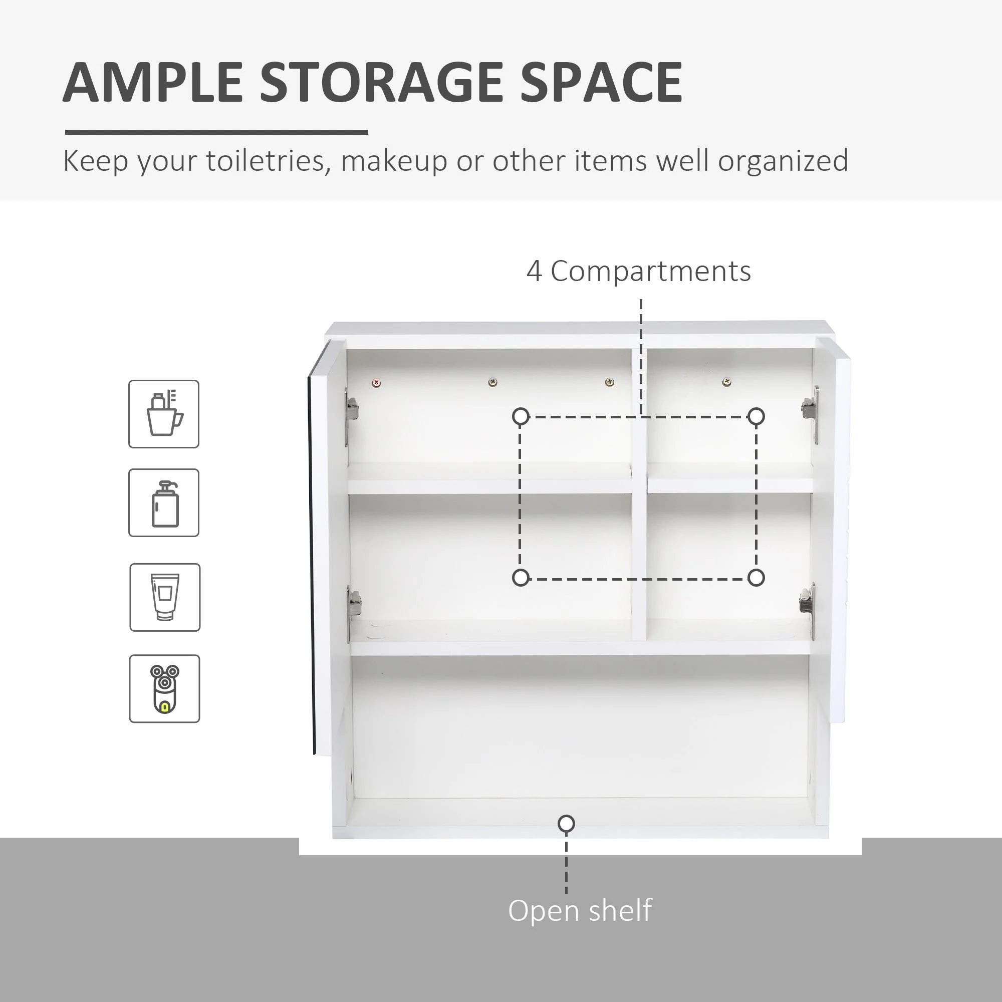 kleankin Bathroom Mirror Cabinet Wall-Mounted Storage w/ Double Door Adjustable Shelf - White - Image 5