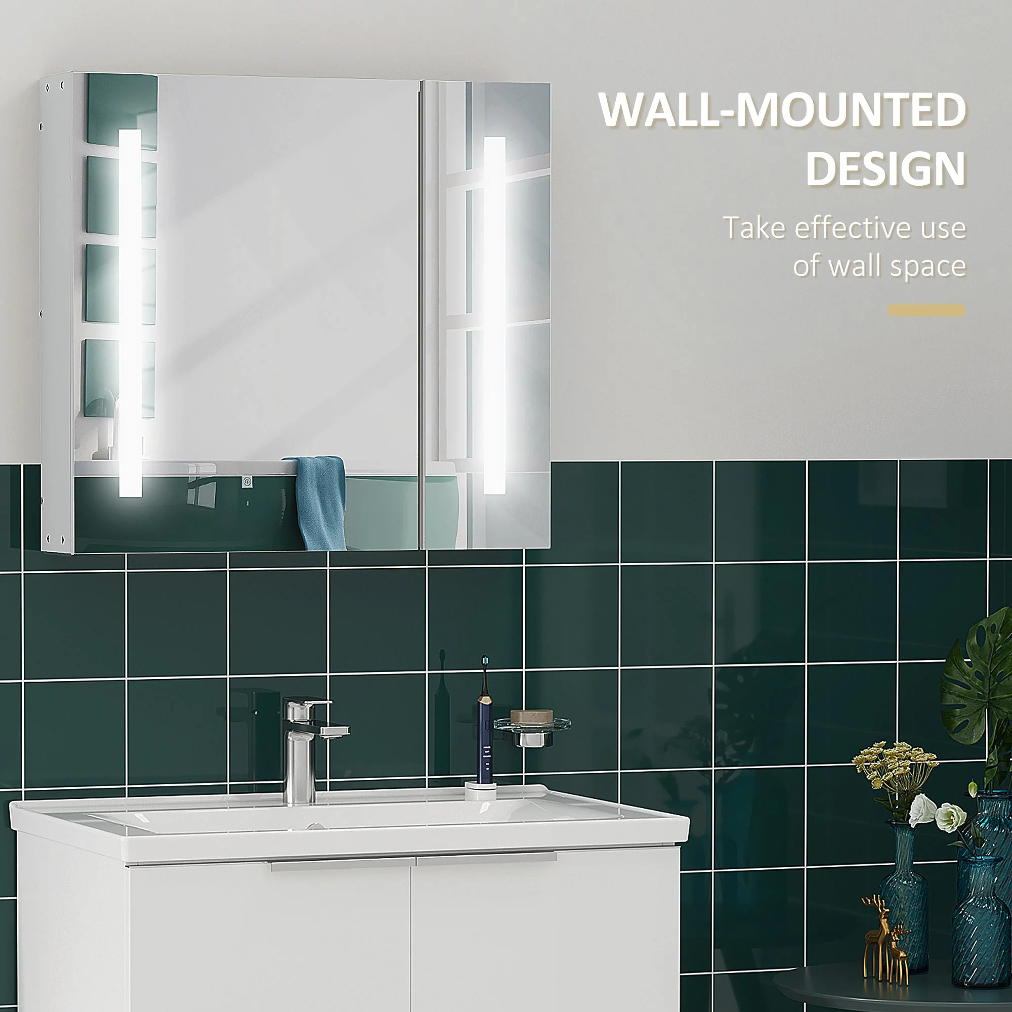 kleankin Illuminated Bathroom Mirror Cabinet 650 x 700Hmm LED Bathroom Mirror with Lights Touch Switch - Image 4