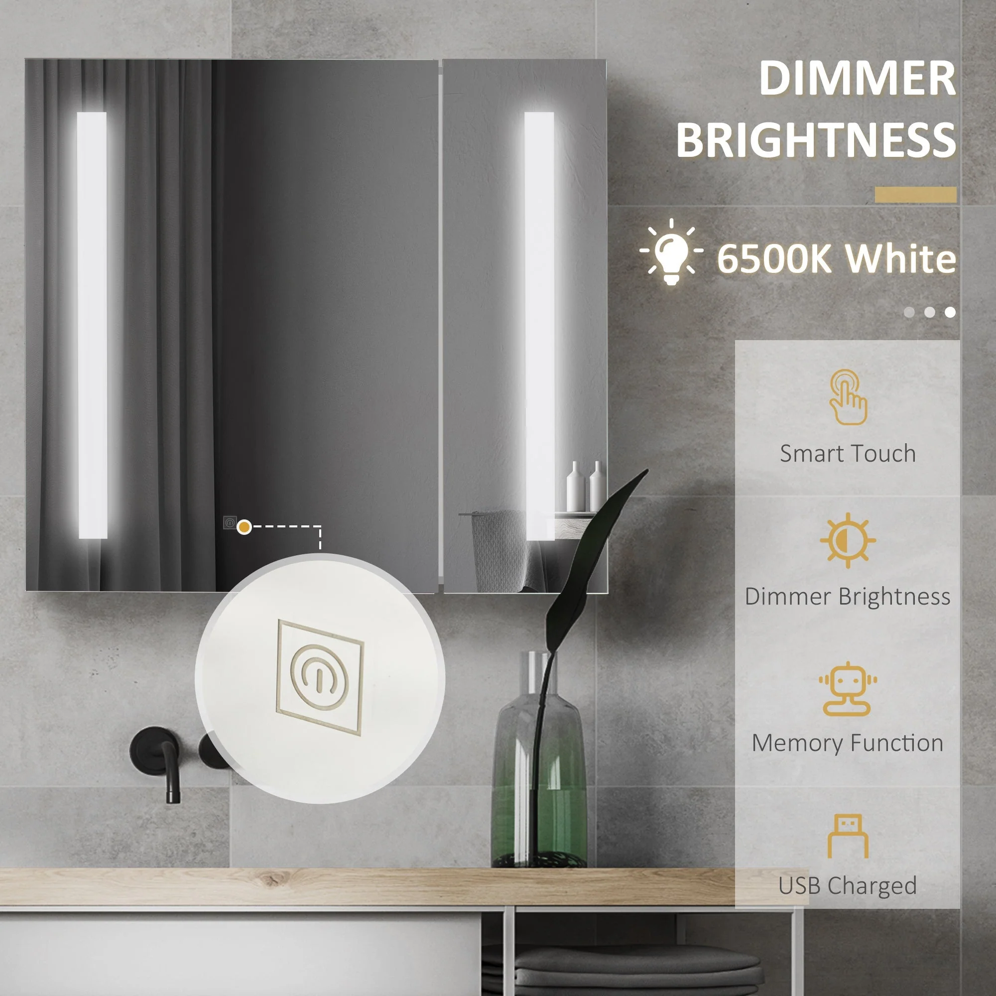 kleankin Illuminated Bathroom Mirror Cabinet 650 x 700Hmm LED Bathroom Mirror with Lights Touch Switch - Image 6
