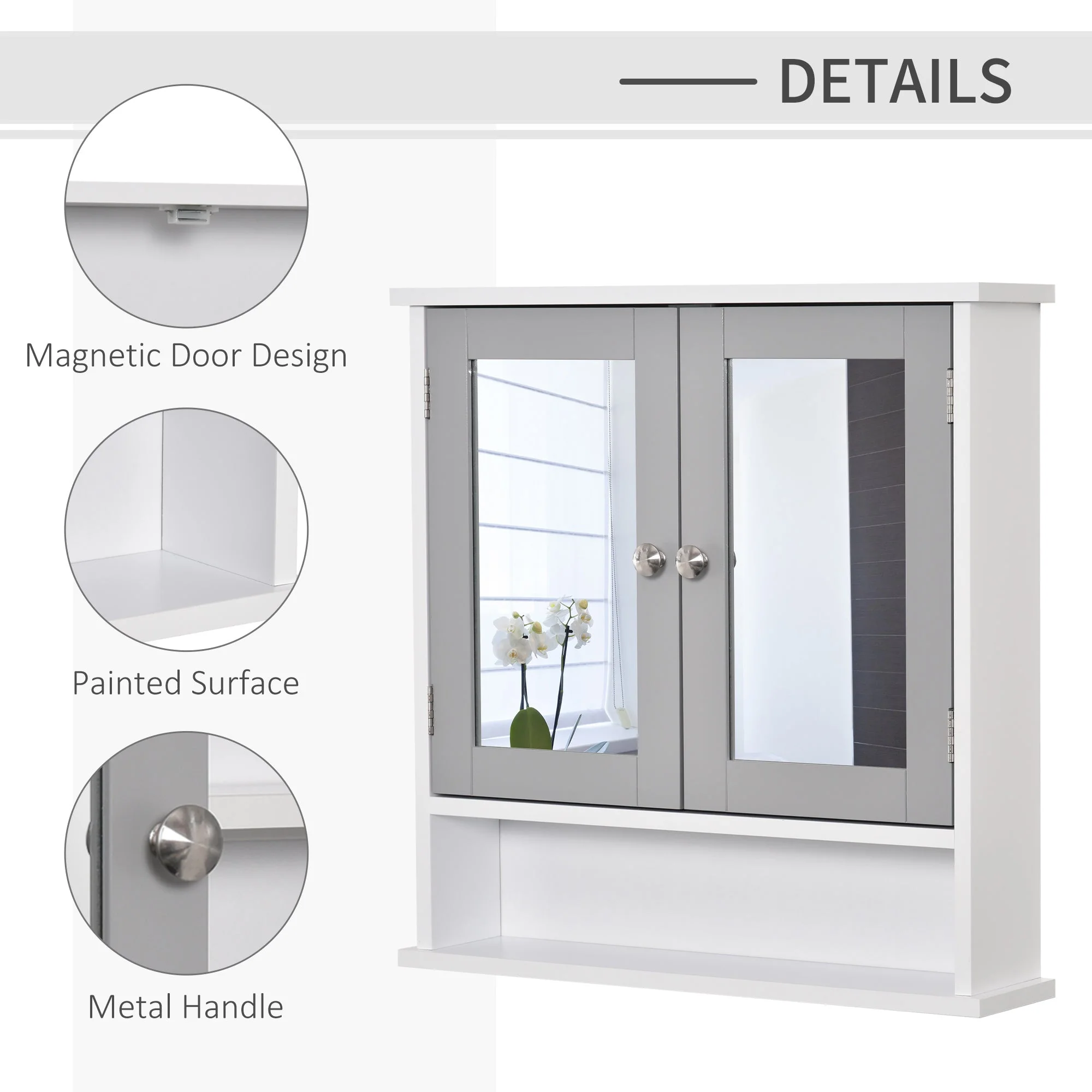 kleankin Mirror Cabinet Wall Mounted with Double Mirrored Doors - Image 5