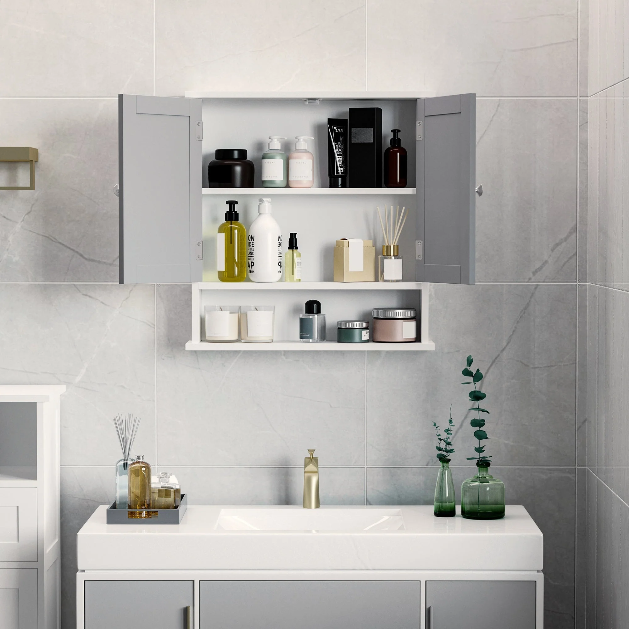 kleankin Mirror Cabinet Wall Mounted with Double Mirrored Doors - Image 9