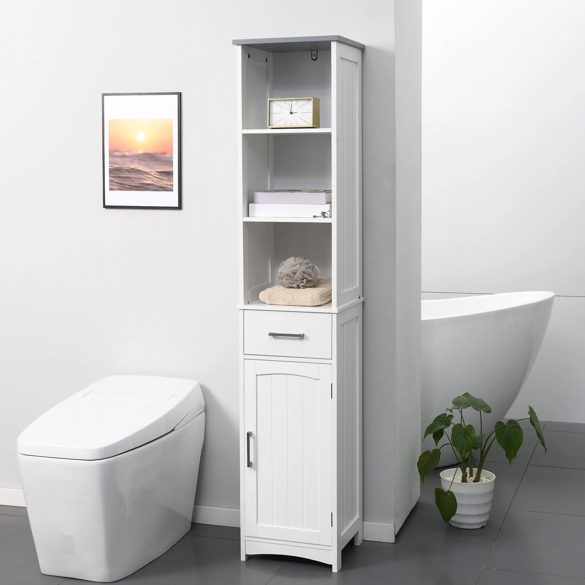 kleankin Tall Bathroom Storage Cabinet with 3 Tier Shelf - Image 2