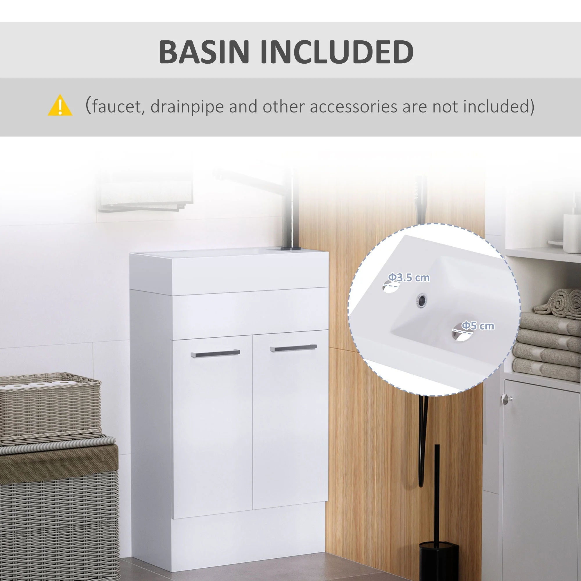 kleankin Under Sink Bathroom Vanity Unit Ceramic Basin Sink Cloakroom Storage Cabinet Home Furniture - Image 4