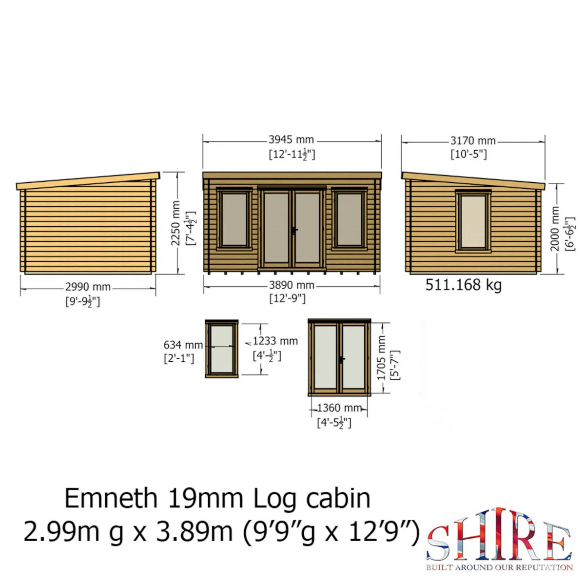 Shire Emneth 12' 9" x 9' 9" Pent Log Cabin - Premium 19mm Cladding Log Clad - Image 4