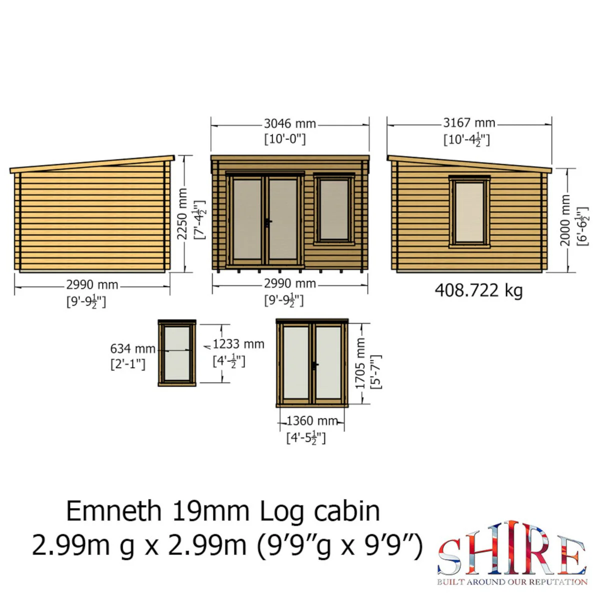 Shire Emneth 9' 9" x 9' 9" Pent Log Cabin - Premium 19mm Cladding Log Clad - Image 4