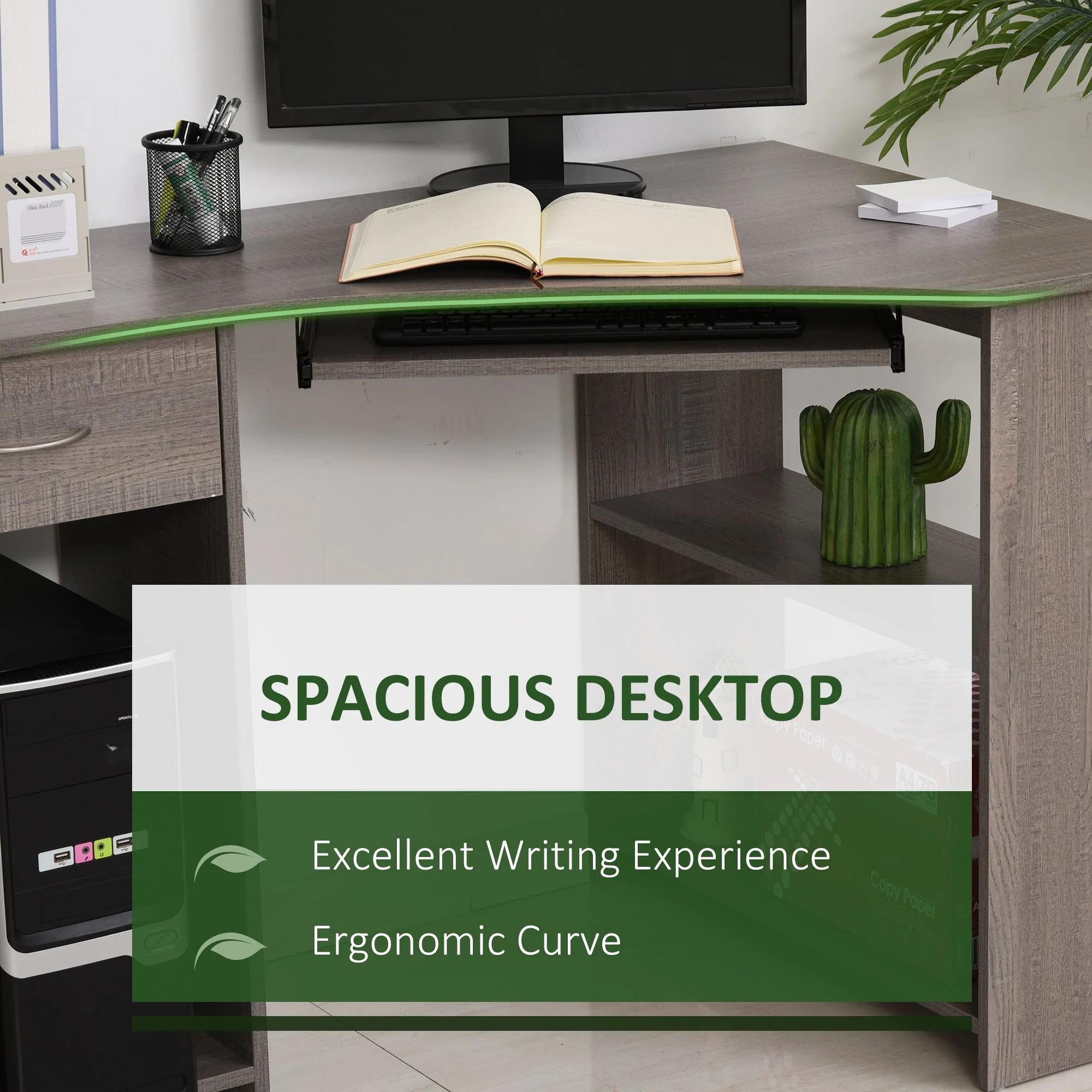 L-Shaped Corner Computer Desk w/ 2 Shelves Wide Worktop Keyboard Tray Drawer & CPU Stand Home Office Study Bedroom Furniture Grey - Image 3