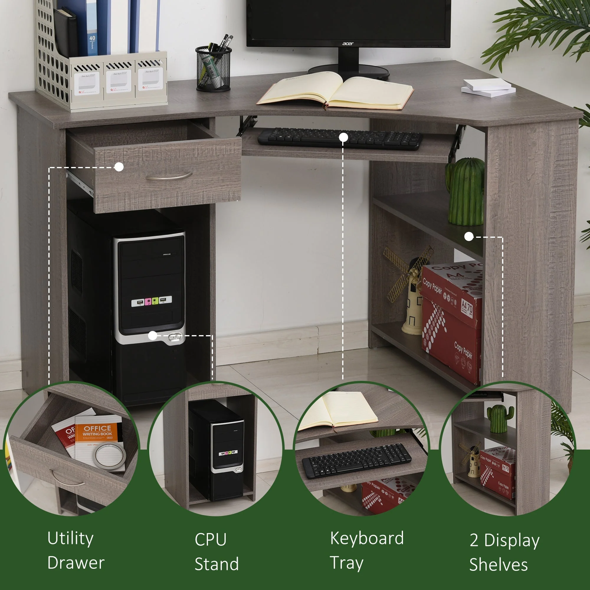 L-Shaped Corner Computer Desk w/ 2 Shelves Wide Worktop Keyboard Tray Drawer & CPU Stand Home Office Study Bedroom Furniture Grey - Image 4