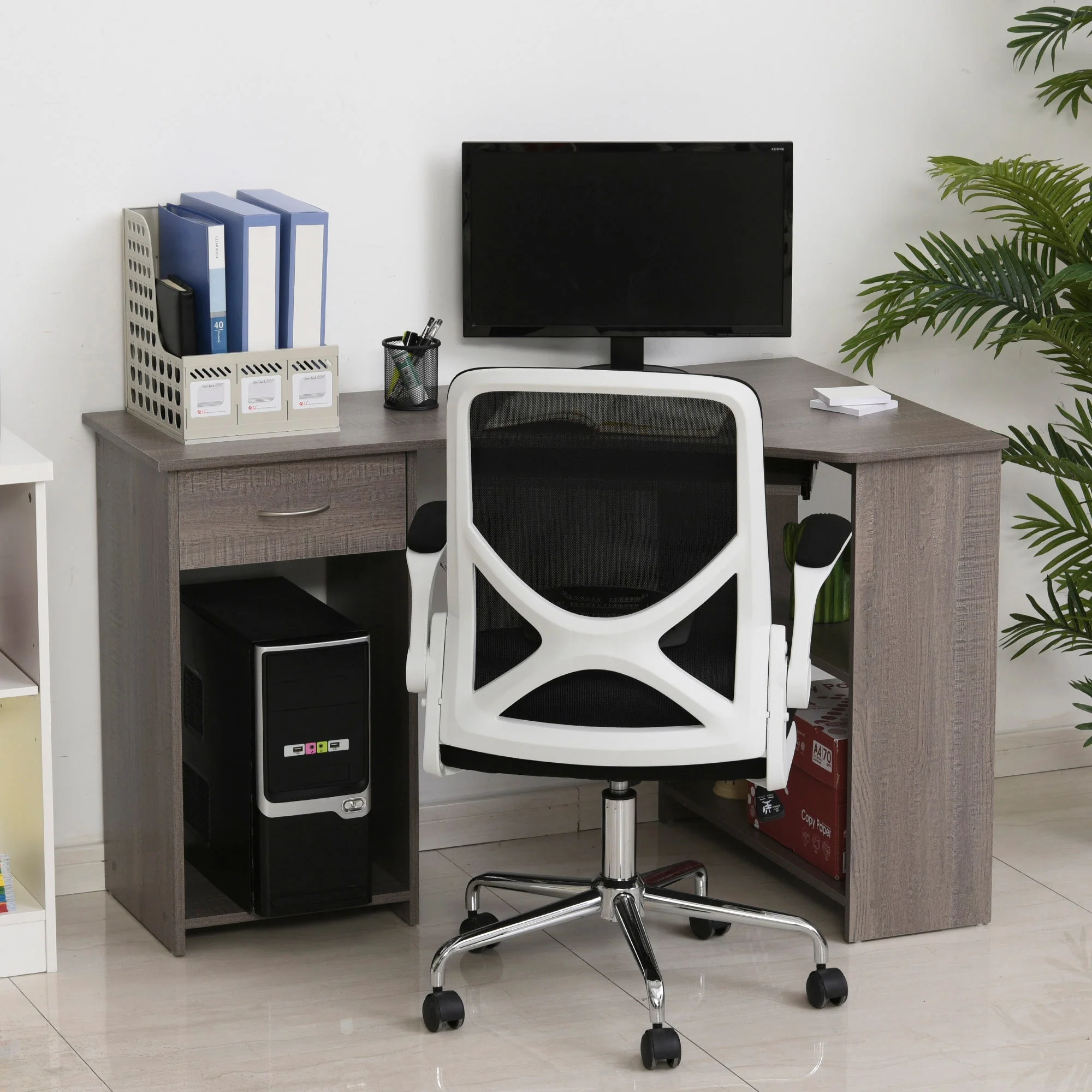 L-Shaped Corner Computer Desk w/ 2 Shelves Wide Worktop Keyboard Tray Drawer & CPU Stand Home Office Study Bedroom Furniture Grey - Image 6