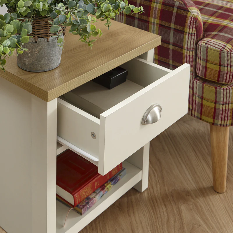 Lancaster Side Table Cream 1 Shelf 1 Drawer - Image 4