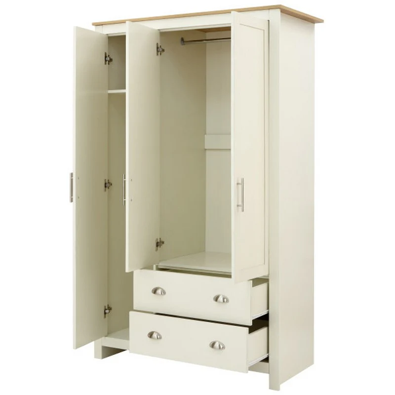 Lancaster Tall Wardrobe Cream 3 Doors 1 Shelf 2 Drawers - Image 6