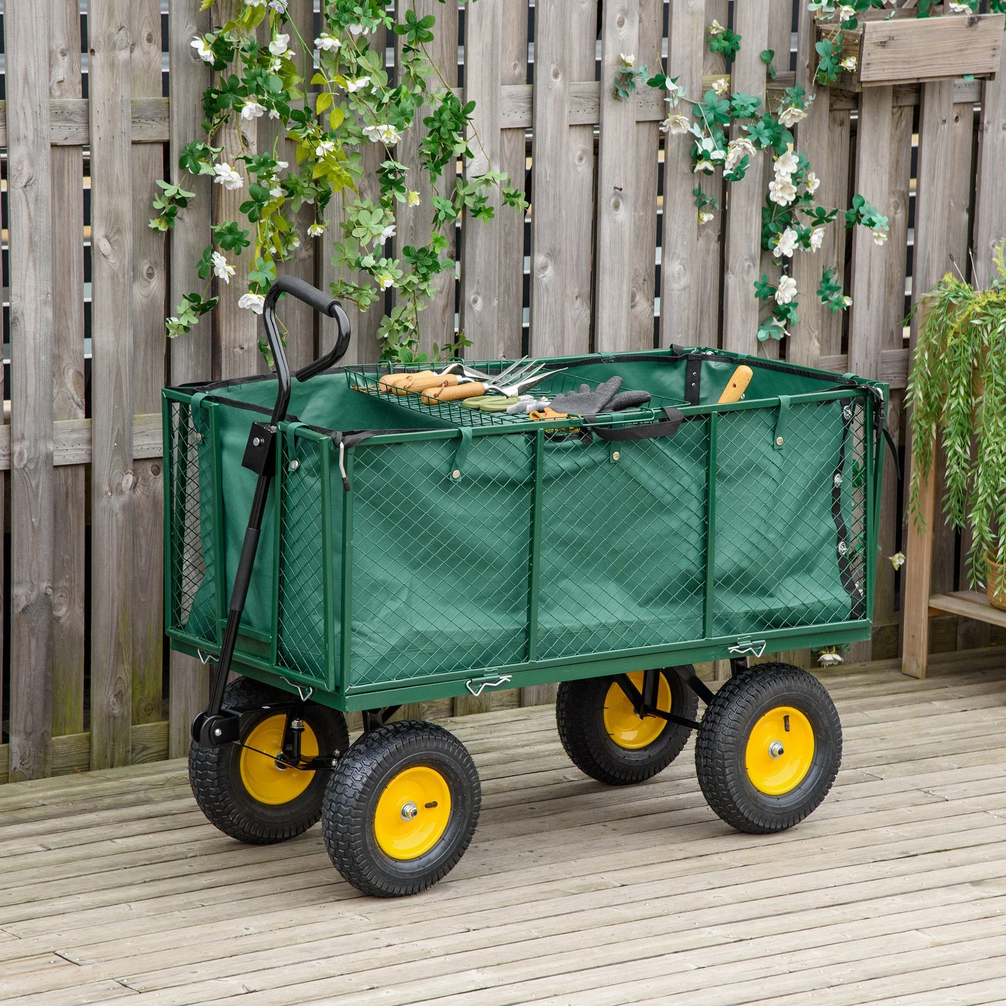 Large 4 Wheel Heavy Duty Garden Cart Truck Trolley Wheelbarrow with Handle and Metal Frame - Green - Image 2