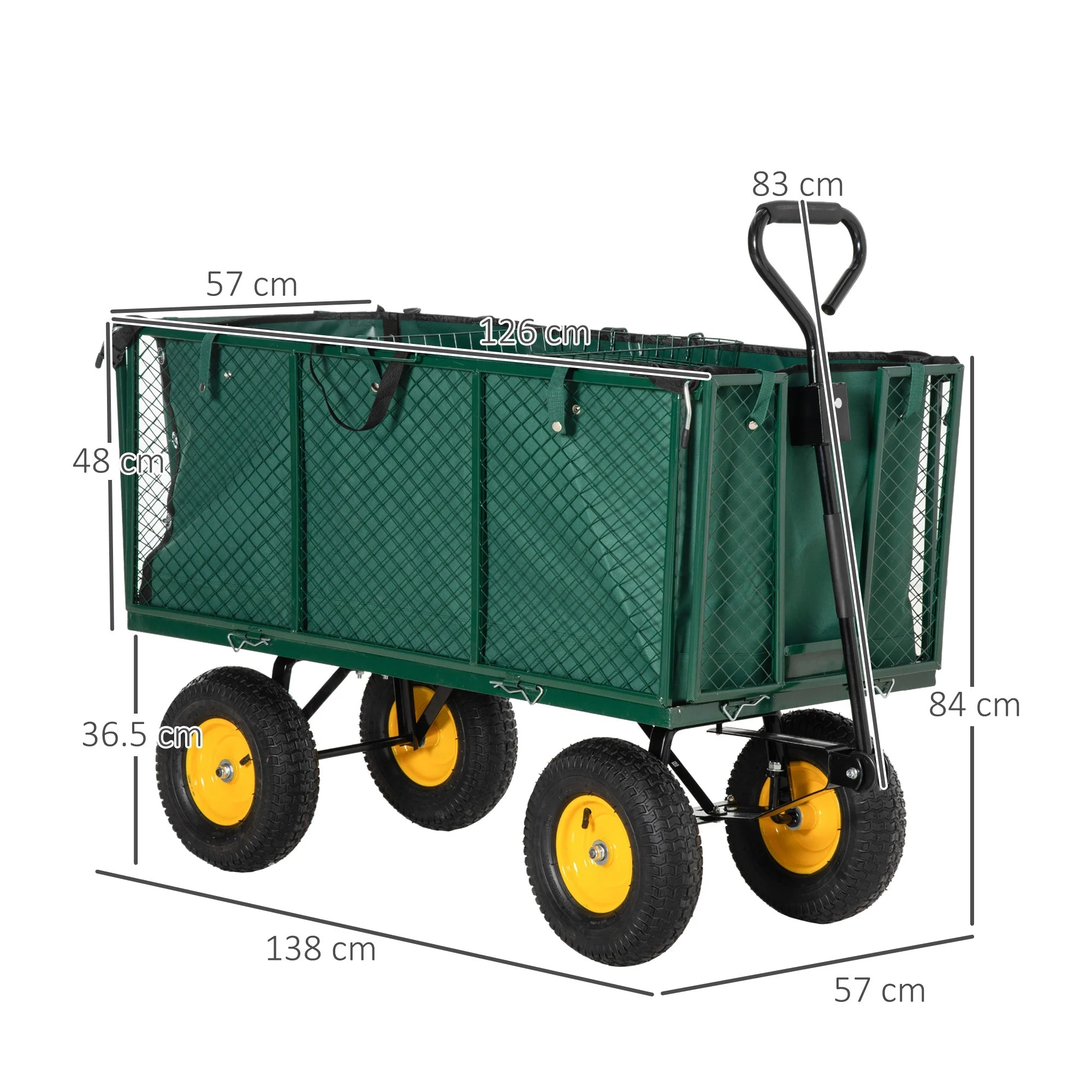 Large 4 Wheel Heavy Duty Garden Cart Truck Trolley Wheelbarrow with Handle and Metal Frame - Green - Image 3