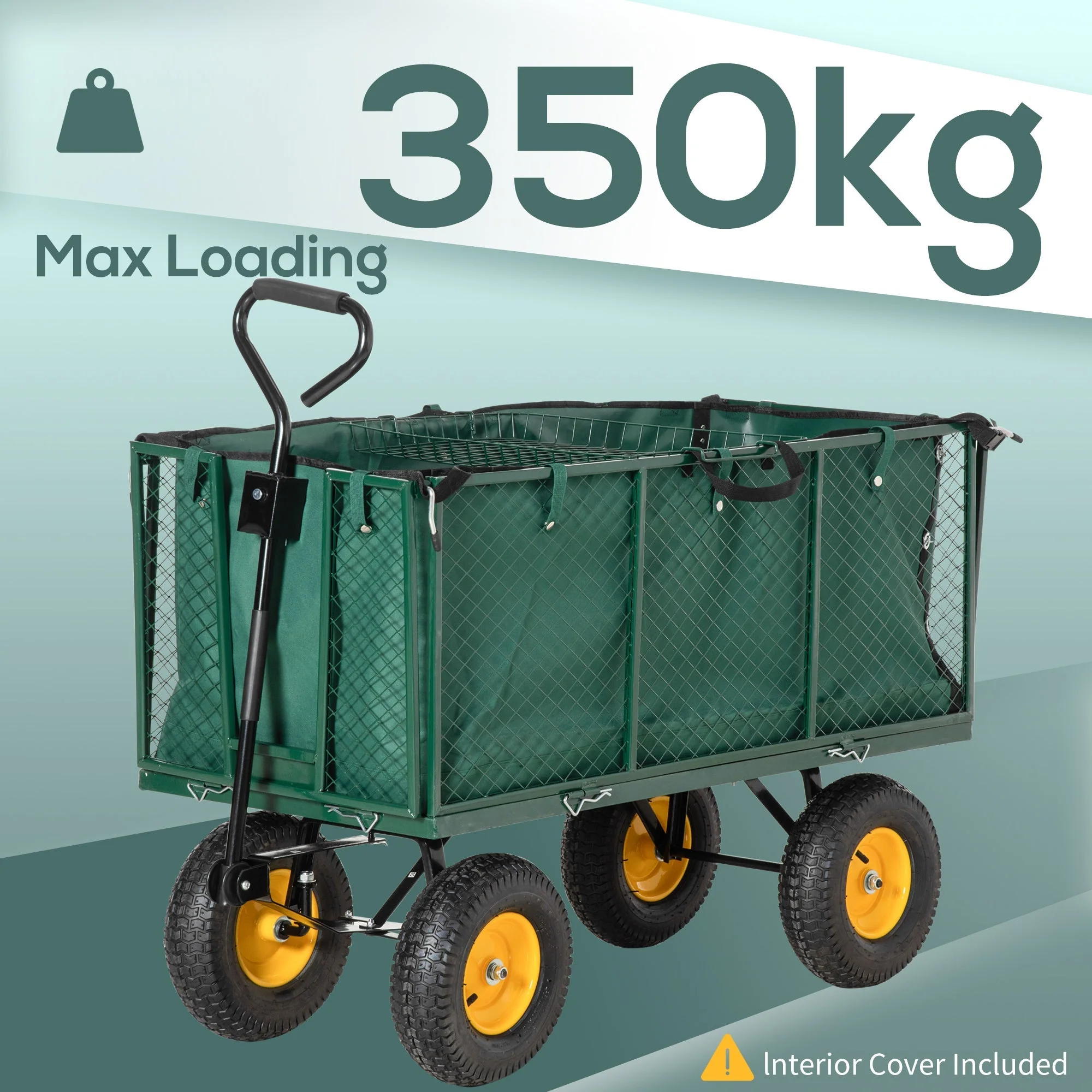 Large 4 Wheel Heavy Duty Garden Cart Truck Trolley Wheelbarrow with Handle and Metal Frame - Green - Image 4