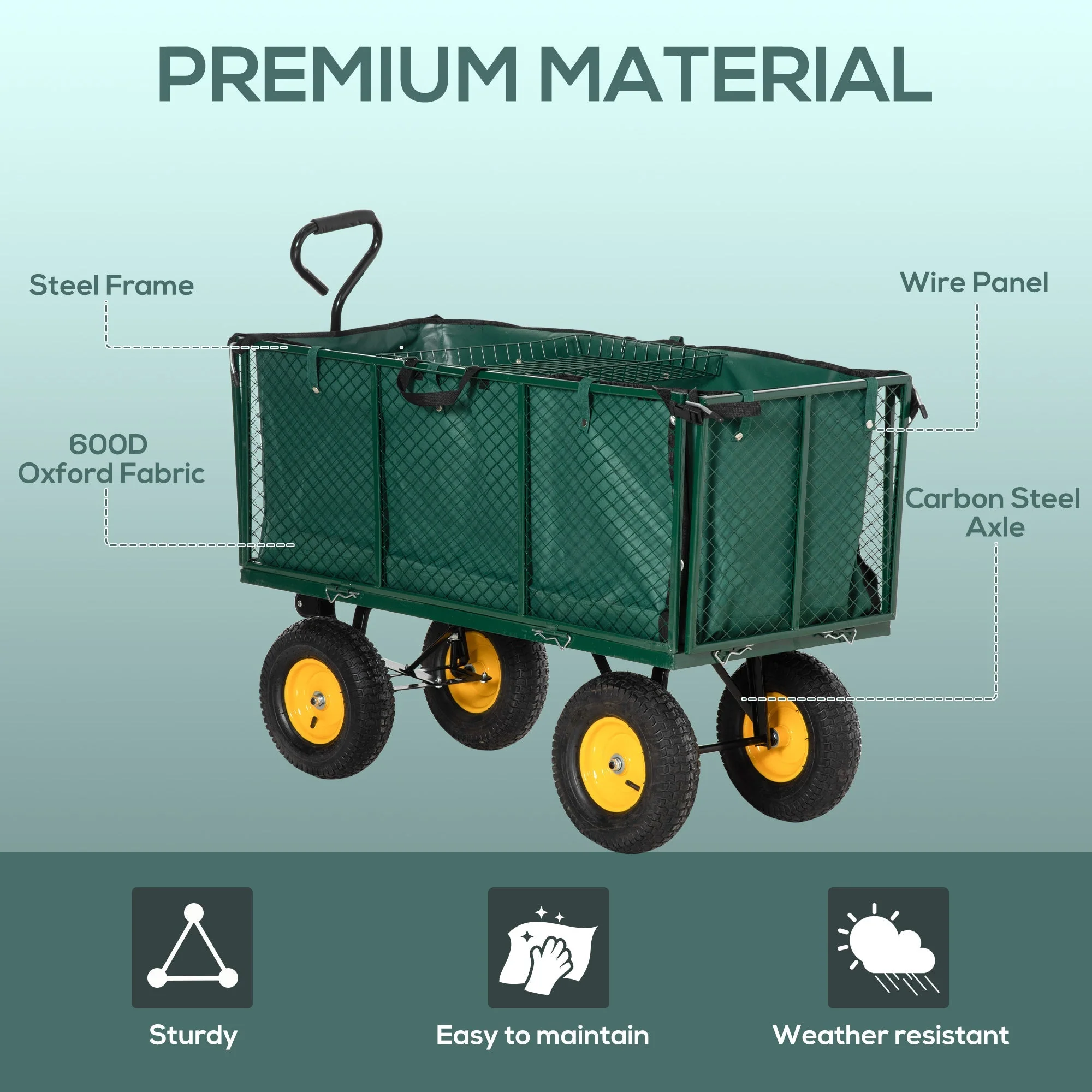 Large 4 Wheel Heavy Duty Garden Cart Truck Trolley Wheelbarrow with Handle and Metal Frame - Green - Image 7