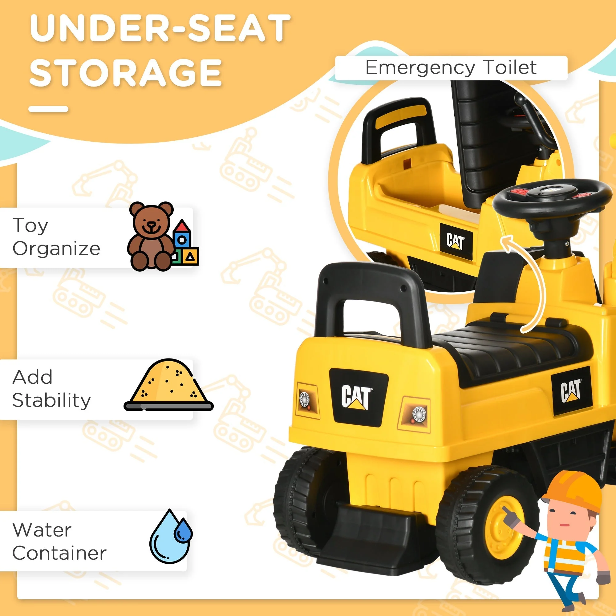 Licensed CAT Kids Ride on Digger Excavator with Manual Bucket - Image 6